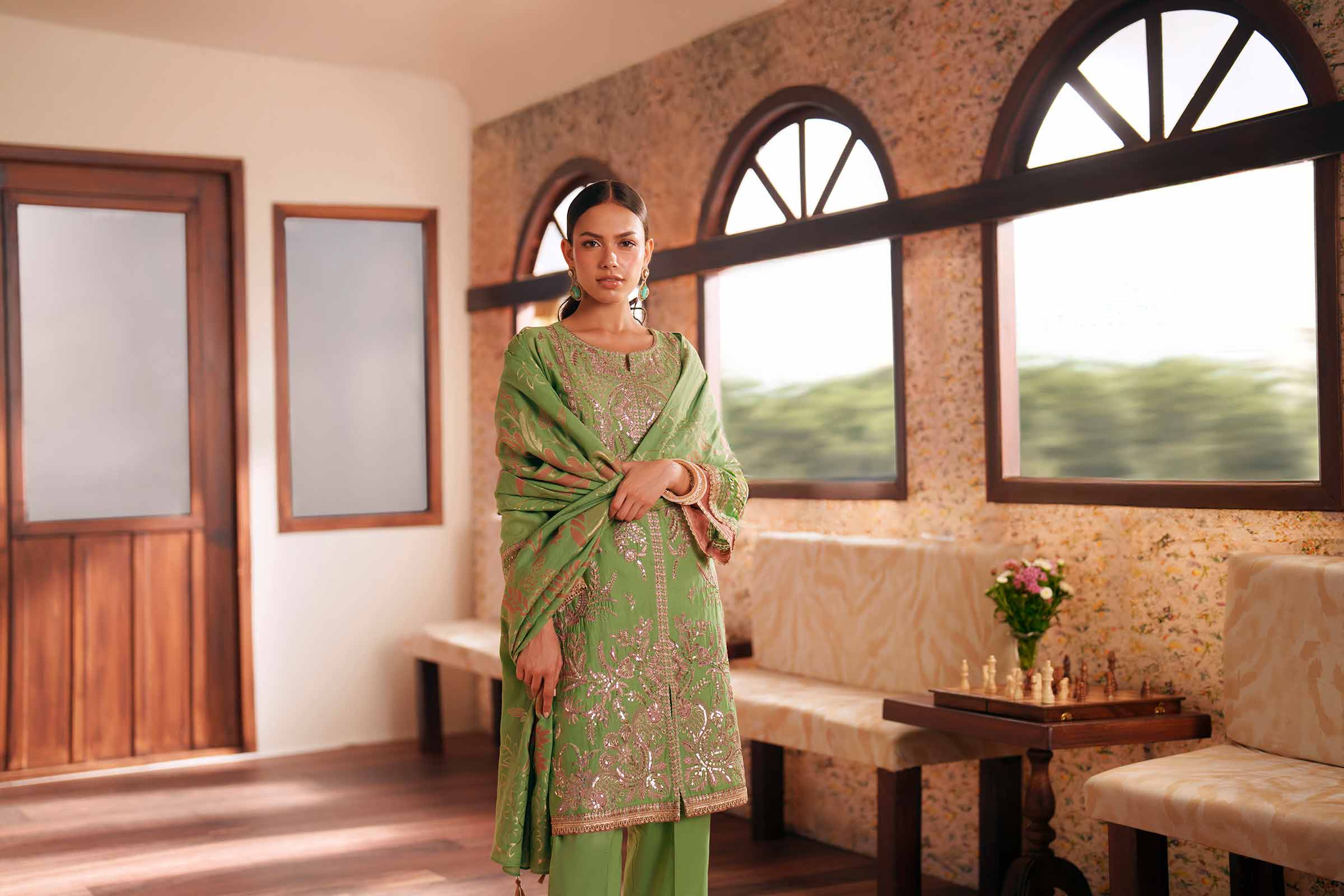 Nishat UK - Green Embroidered Slub Base 3-piece ready to wear Suit