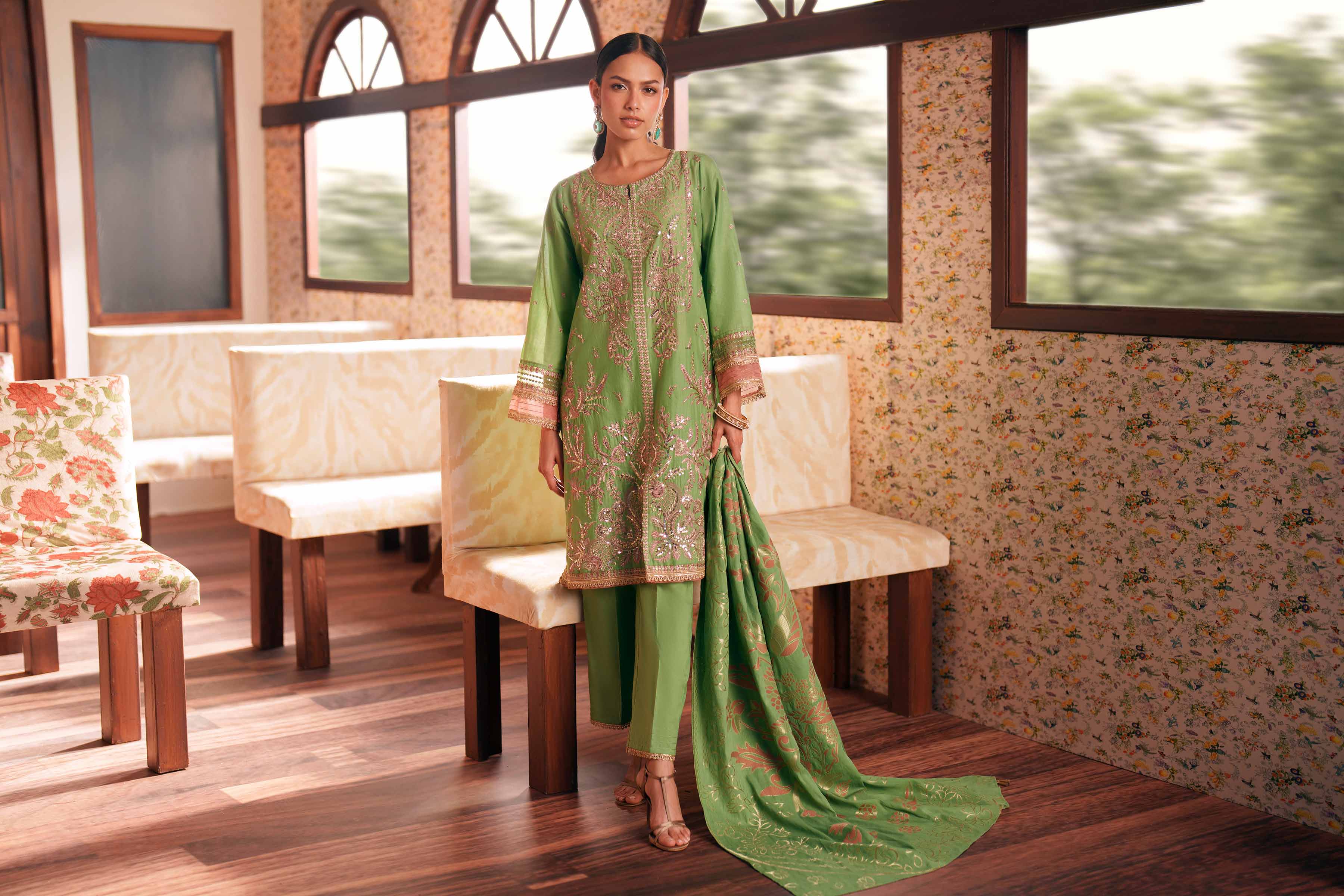 Nishat UK - Green Embroidered Slub Base 3-piece ready to wear Suit
