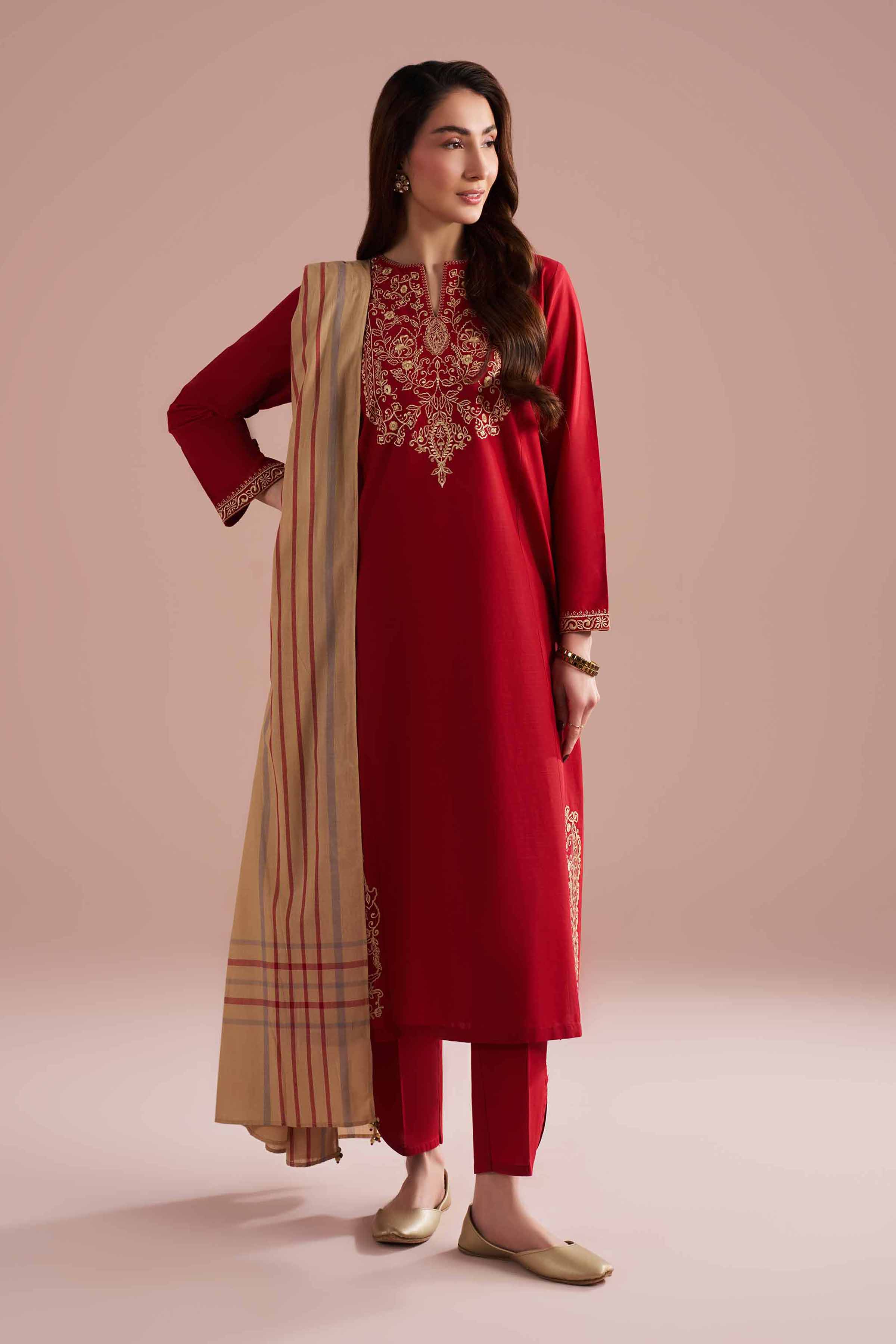 NishatUK - Red Embroidered Cross Hatch 3-piece ready to wear Suit
