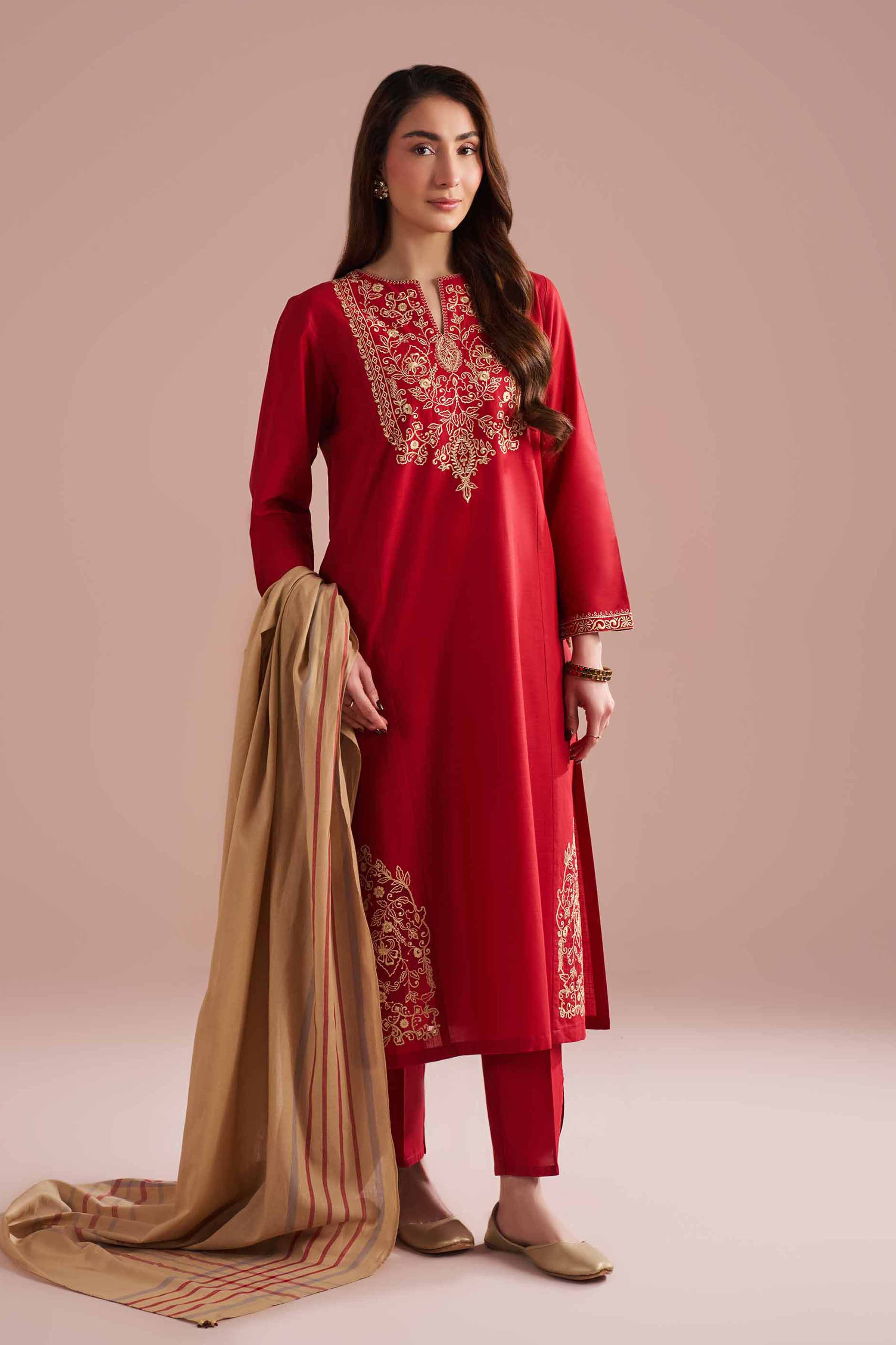 NishatUK - Red Embroidered Cross Hatch 3-piece ready to wear Suit
