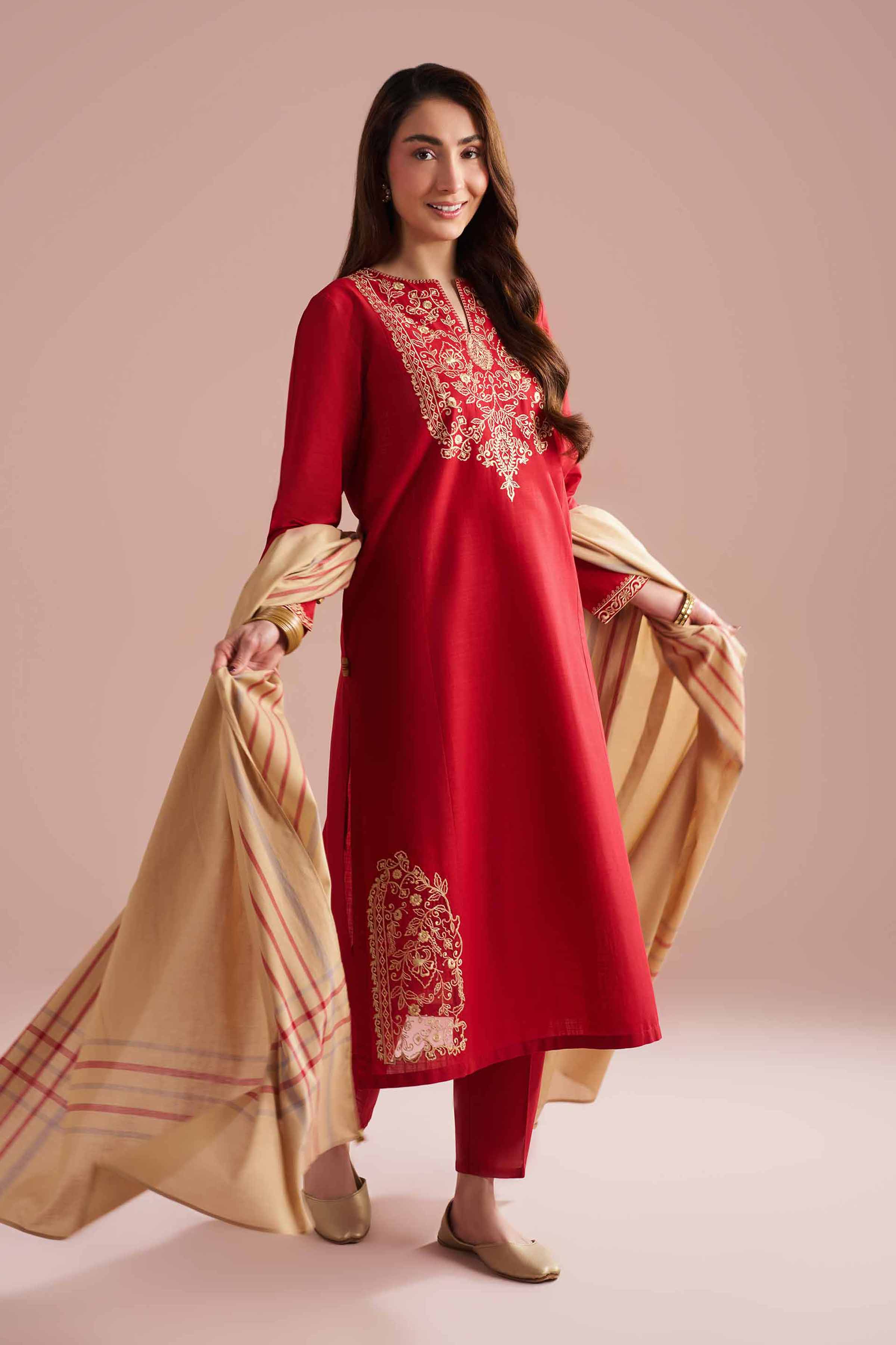 NishatUK - Red Embroidered Cross Hatch 3-piece ready to wear Suit