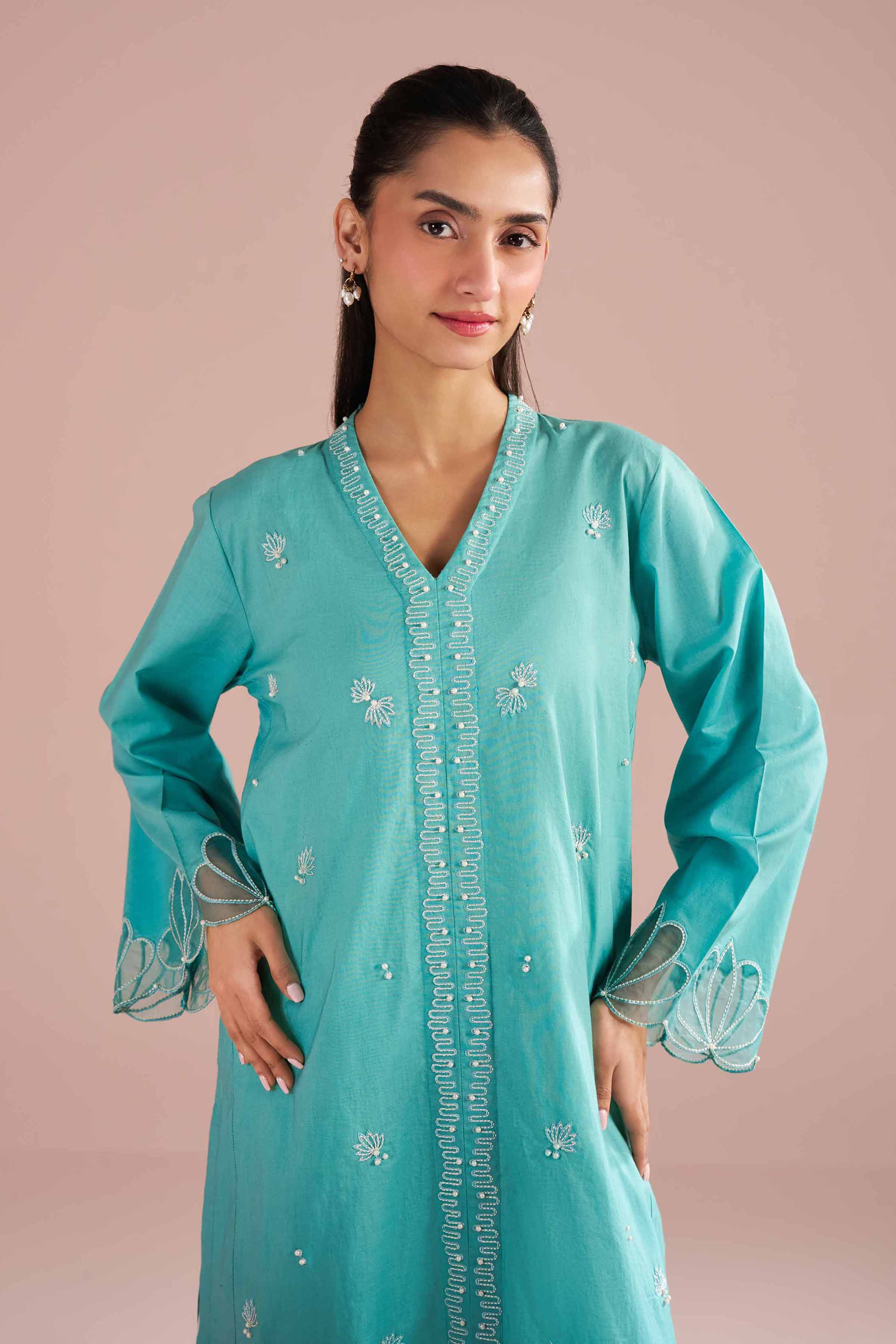 NishatUK - Green Embroidered Cambric ready to wear Shirt