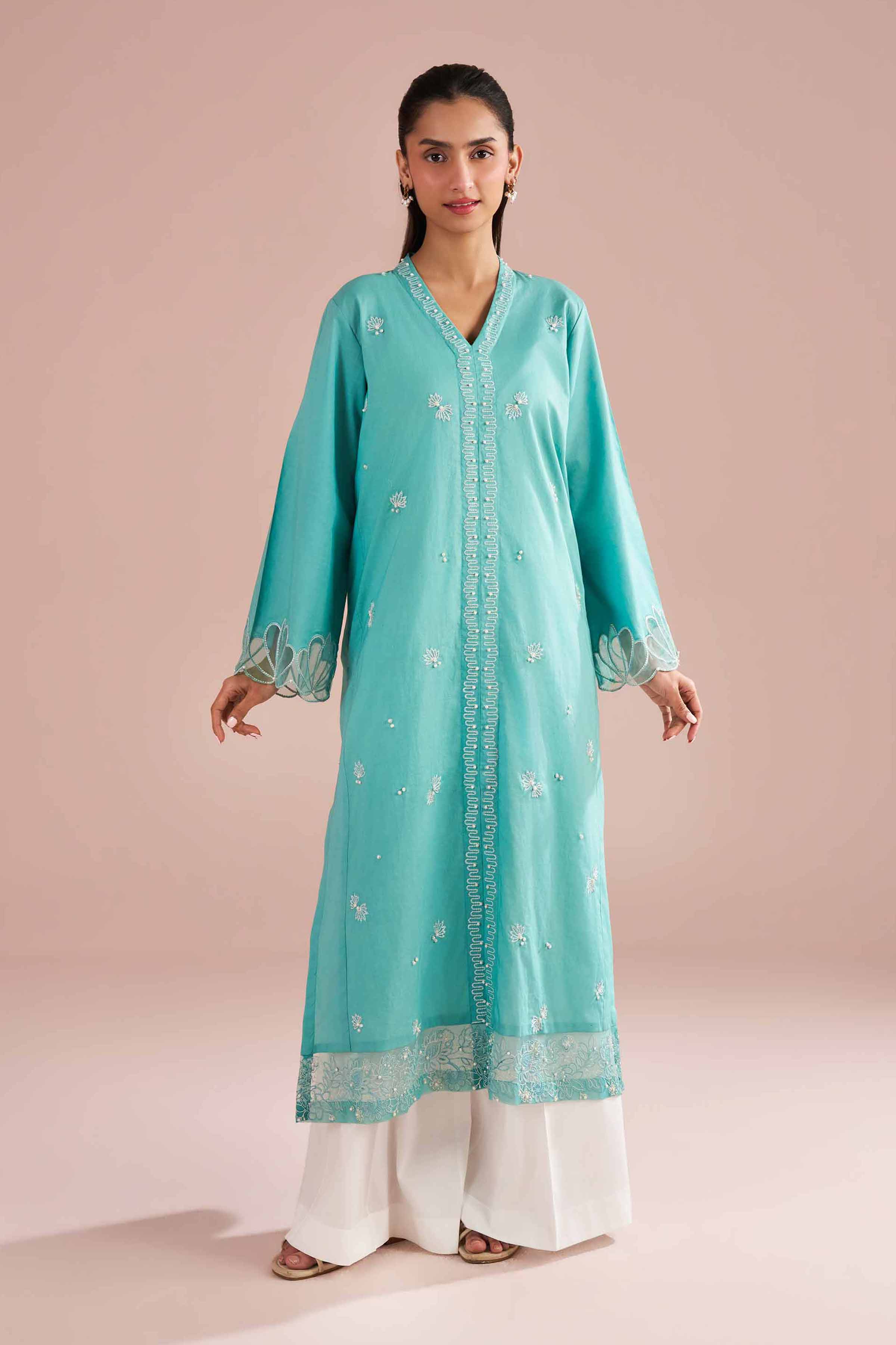 NishatUK - Green Embroidered Cambric ready to wear Shirt