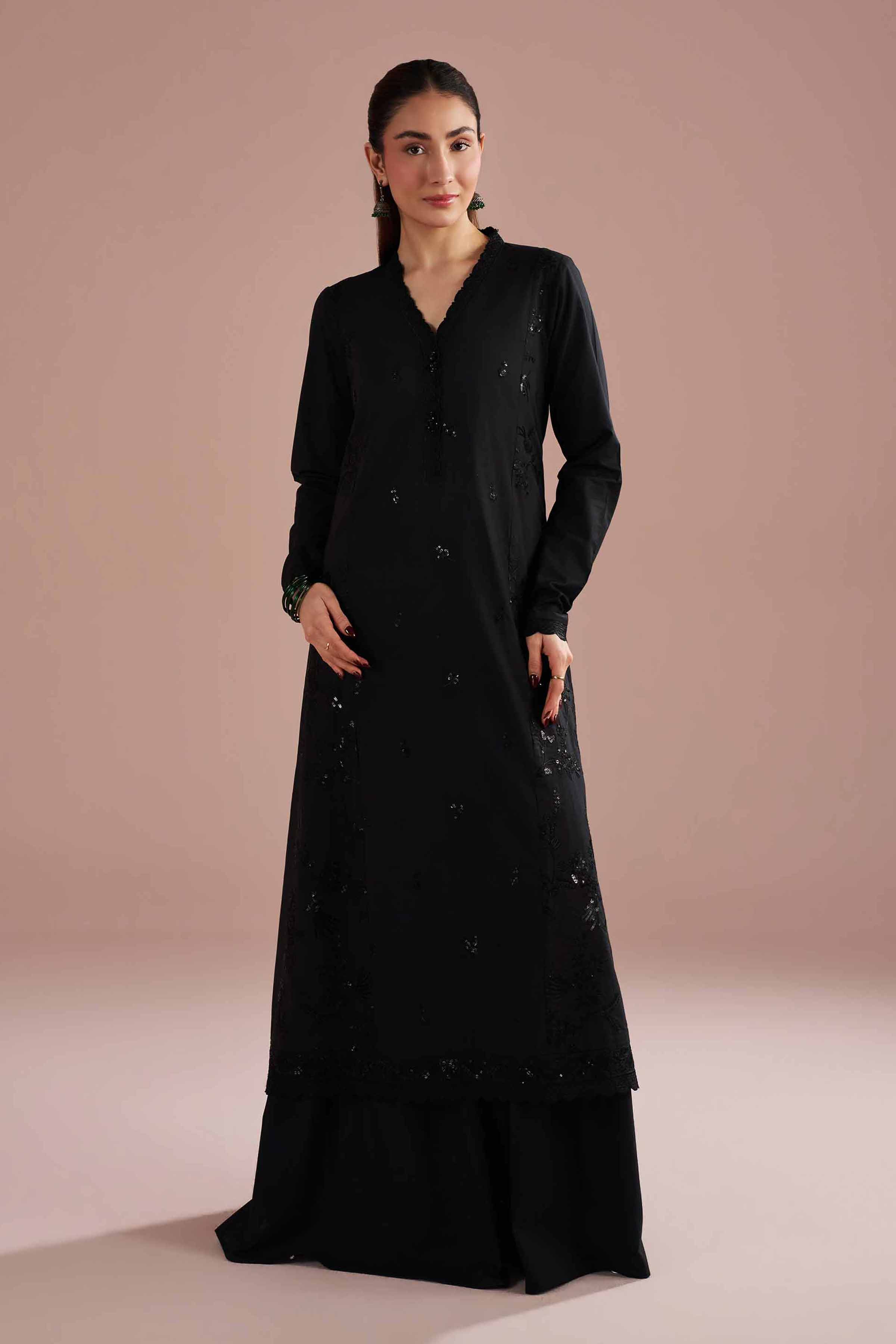 NishatUK - Black Embroidered Cambric ready to wear Dress
