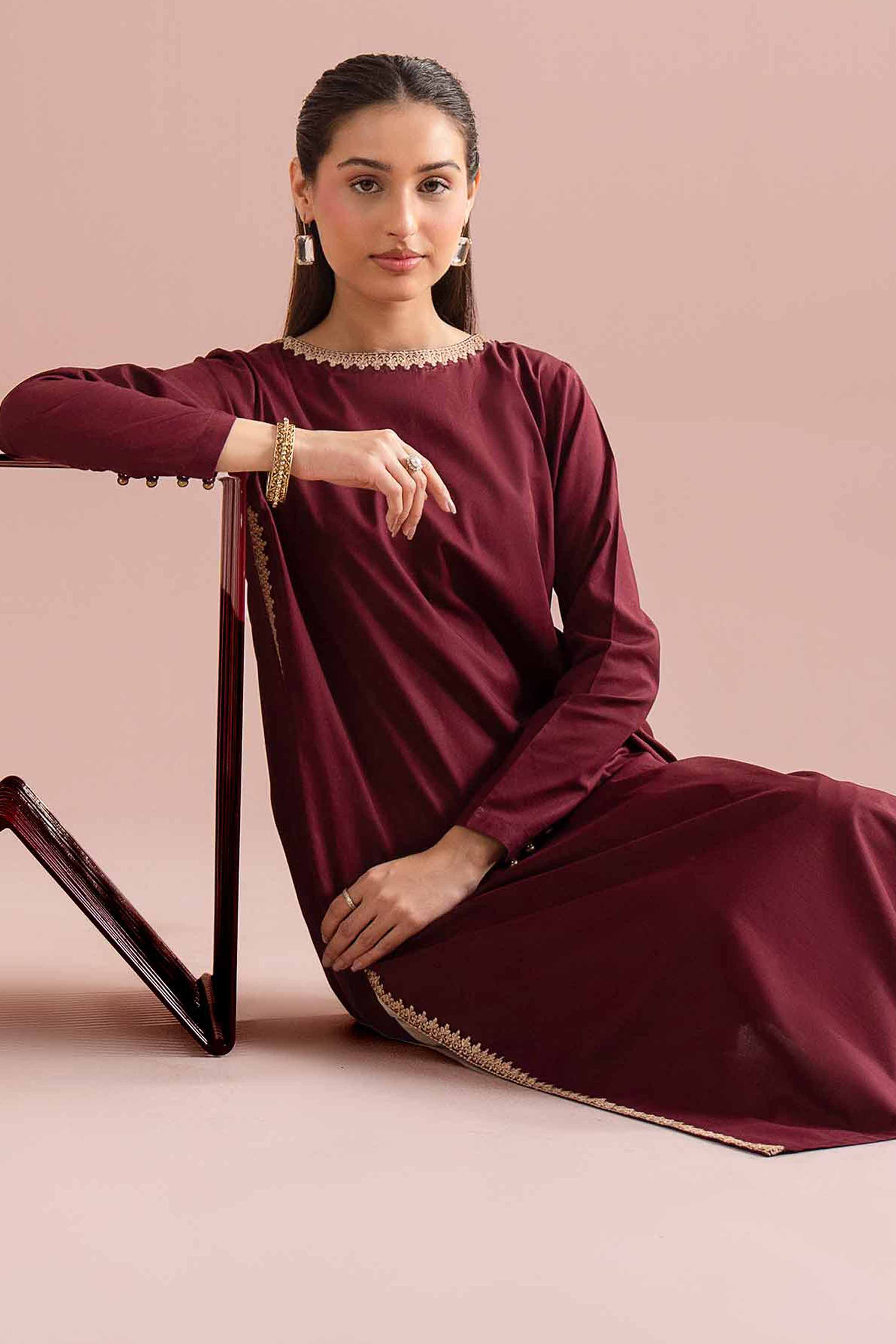 Nishat UK - Red Embroidered Yarn Dyed 1 Piece Ready To Wear Shirt
