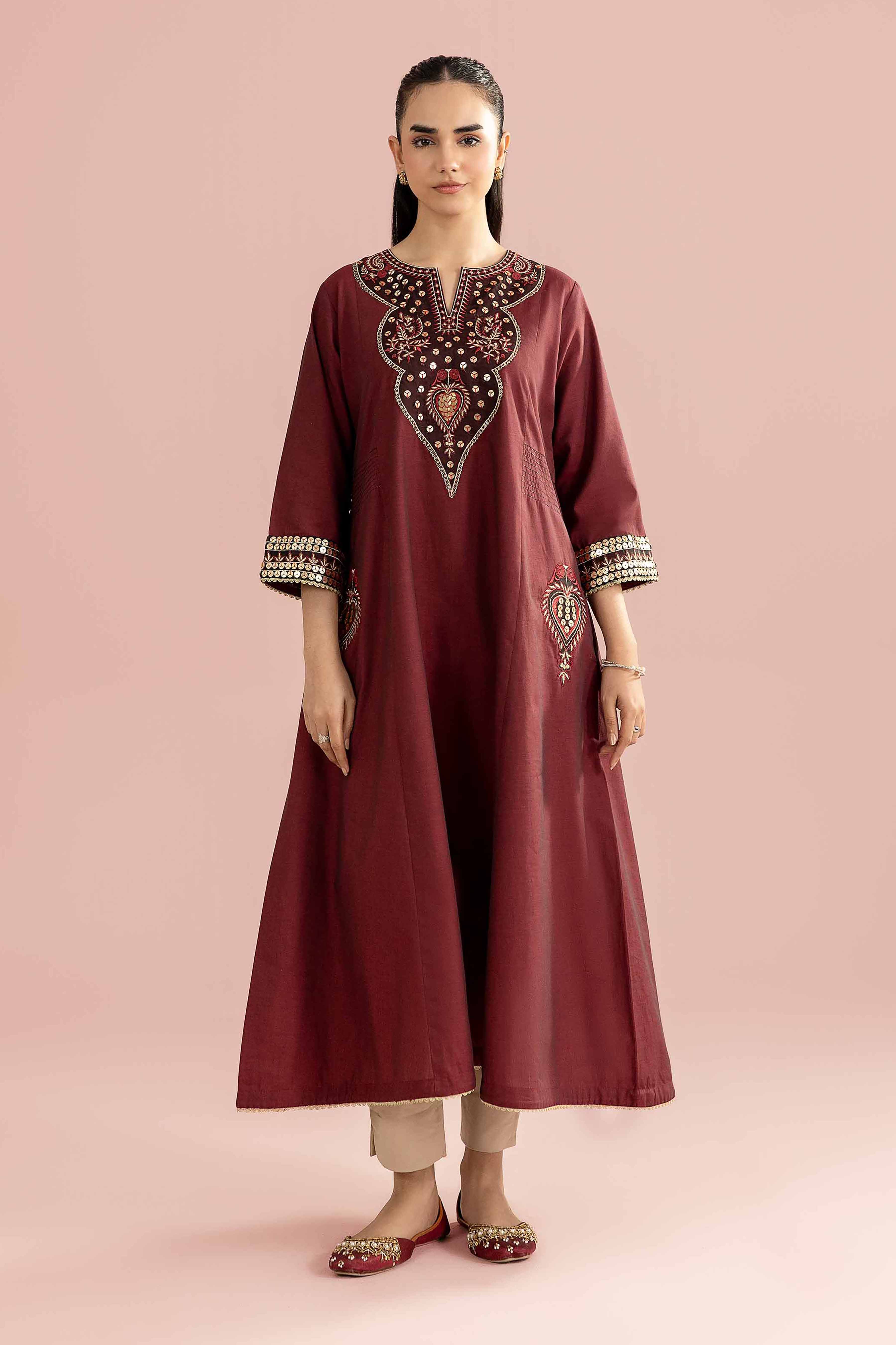 NishatUK - Red Embroidered Yarn Dyed 1-piece ready to wear Shirt