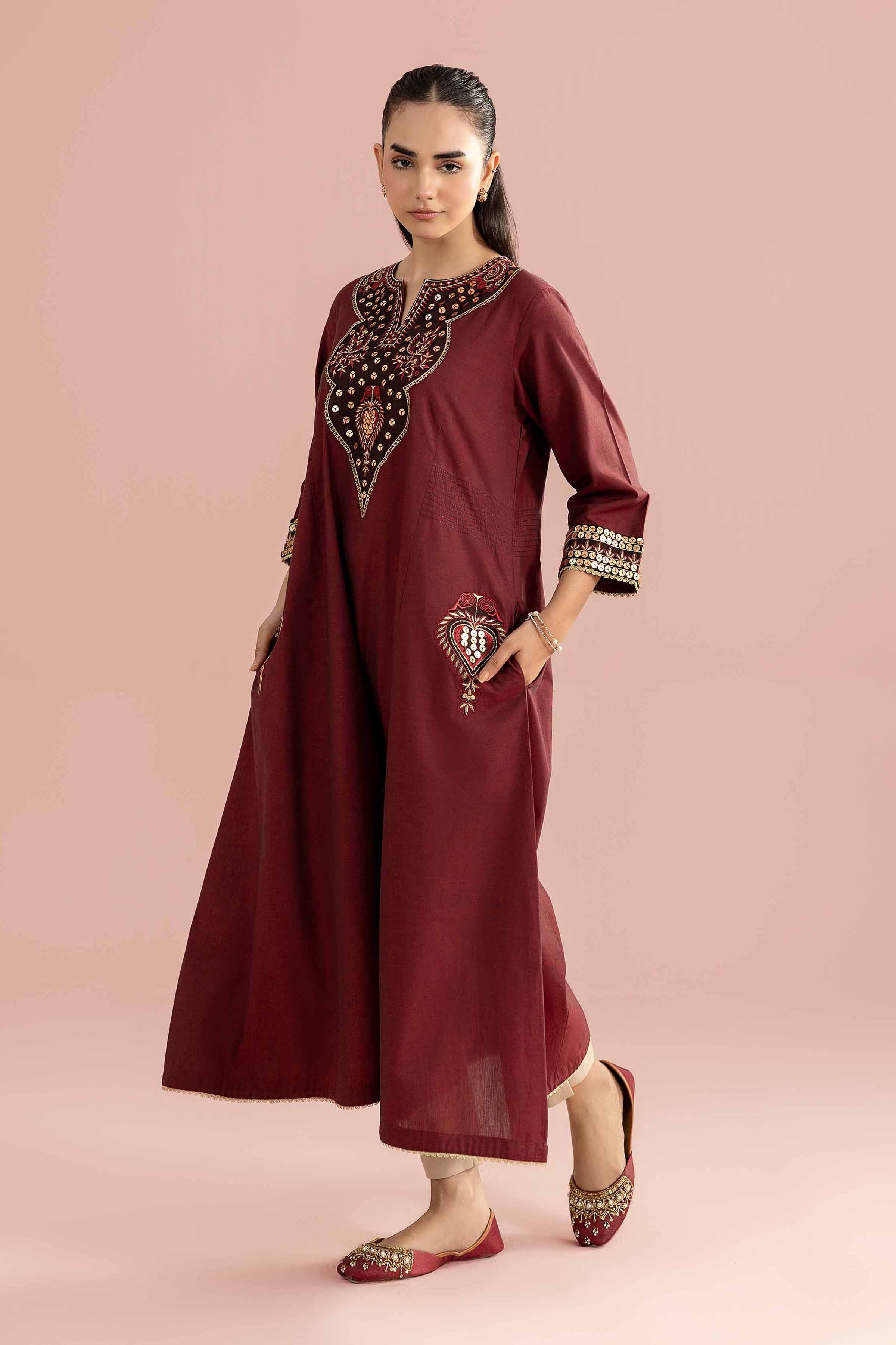 NishatUK - Red Embroidered Yarn Dyed 1-piece ready to wear Shirt