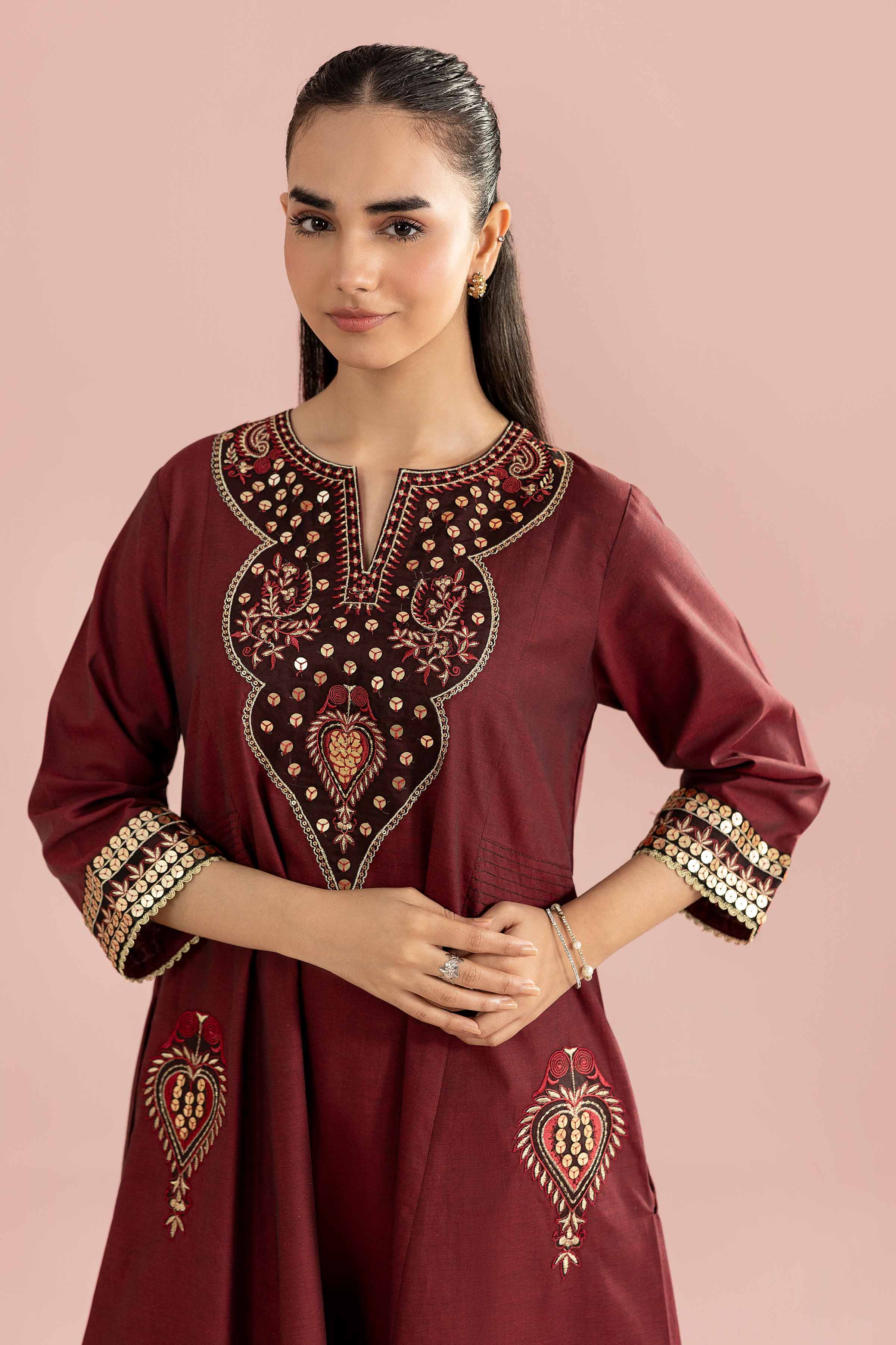 NishatUK - Red Embroidered Yarn Dyed 1-piece ready to wear Shirt