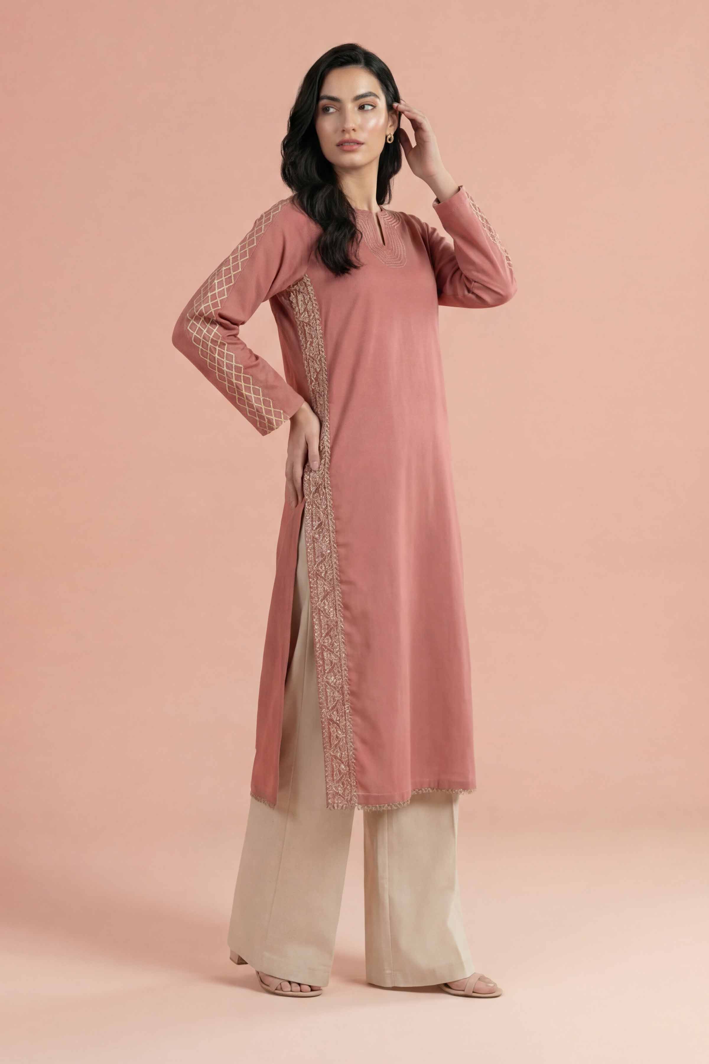 NishatUK - Brown Embroidered Yarn Dyed 1-piece ready to wear Shirt