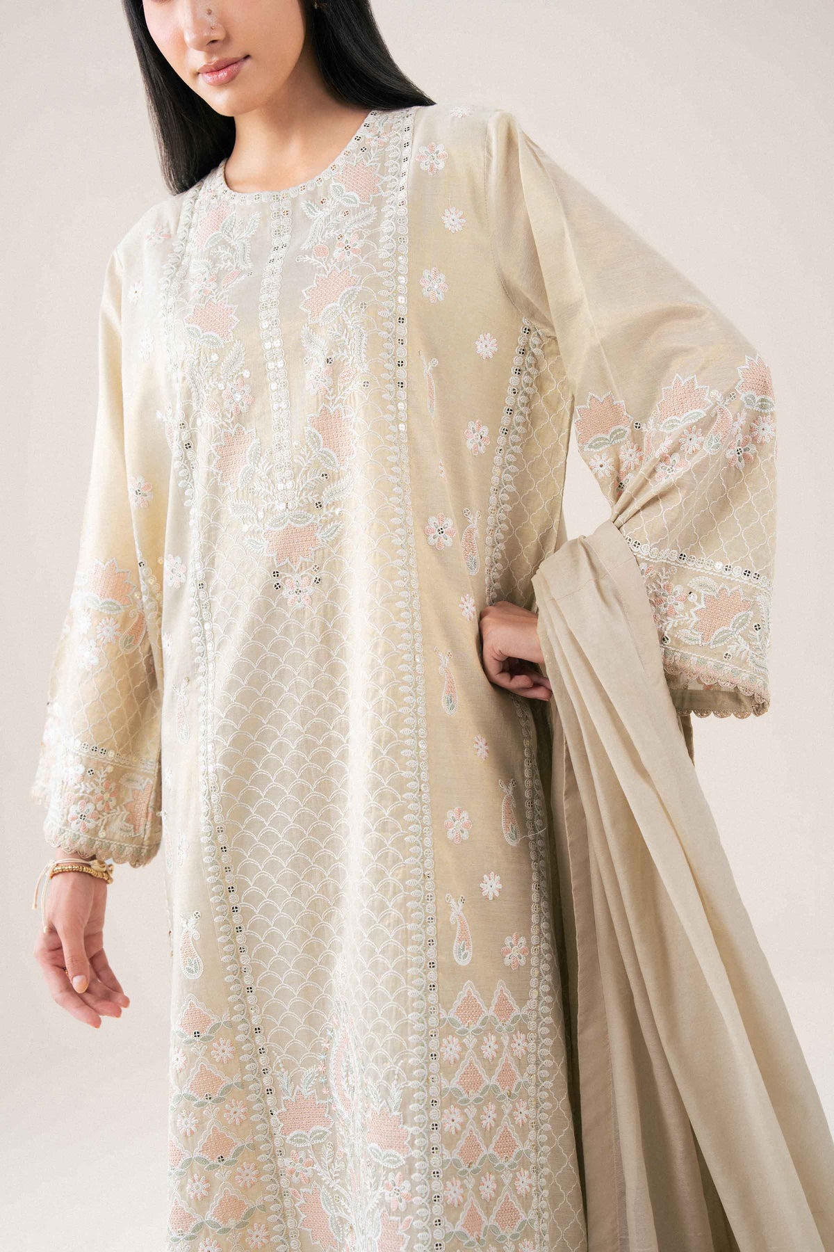 Nishat UK - Ivory Embroidered Yarn Dyed 3 Pieces ready to wear Suit