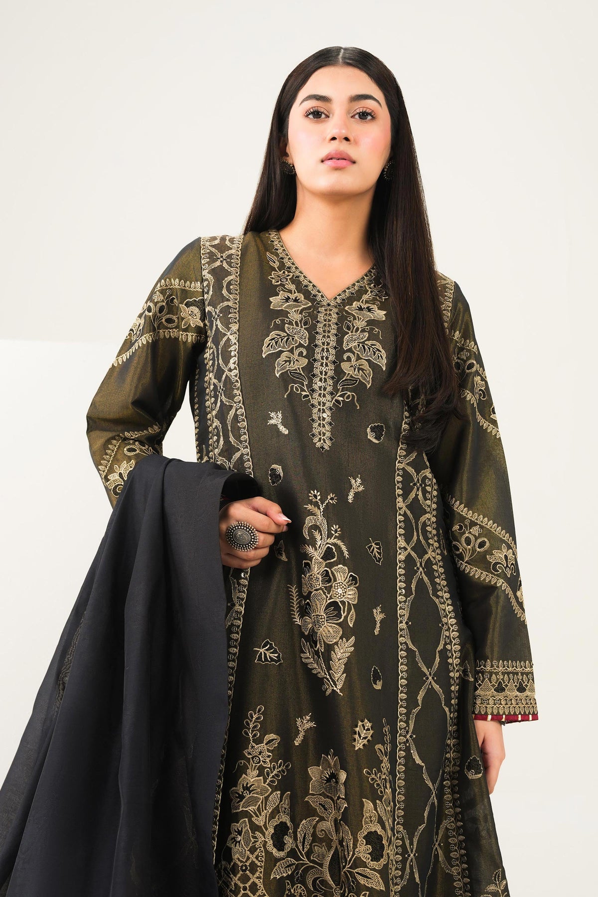 Nishat UK - Black Embroidered Yarn Dyed 3 Pieces ready to wear Suit