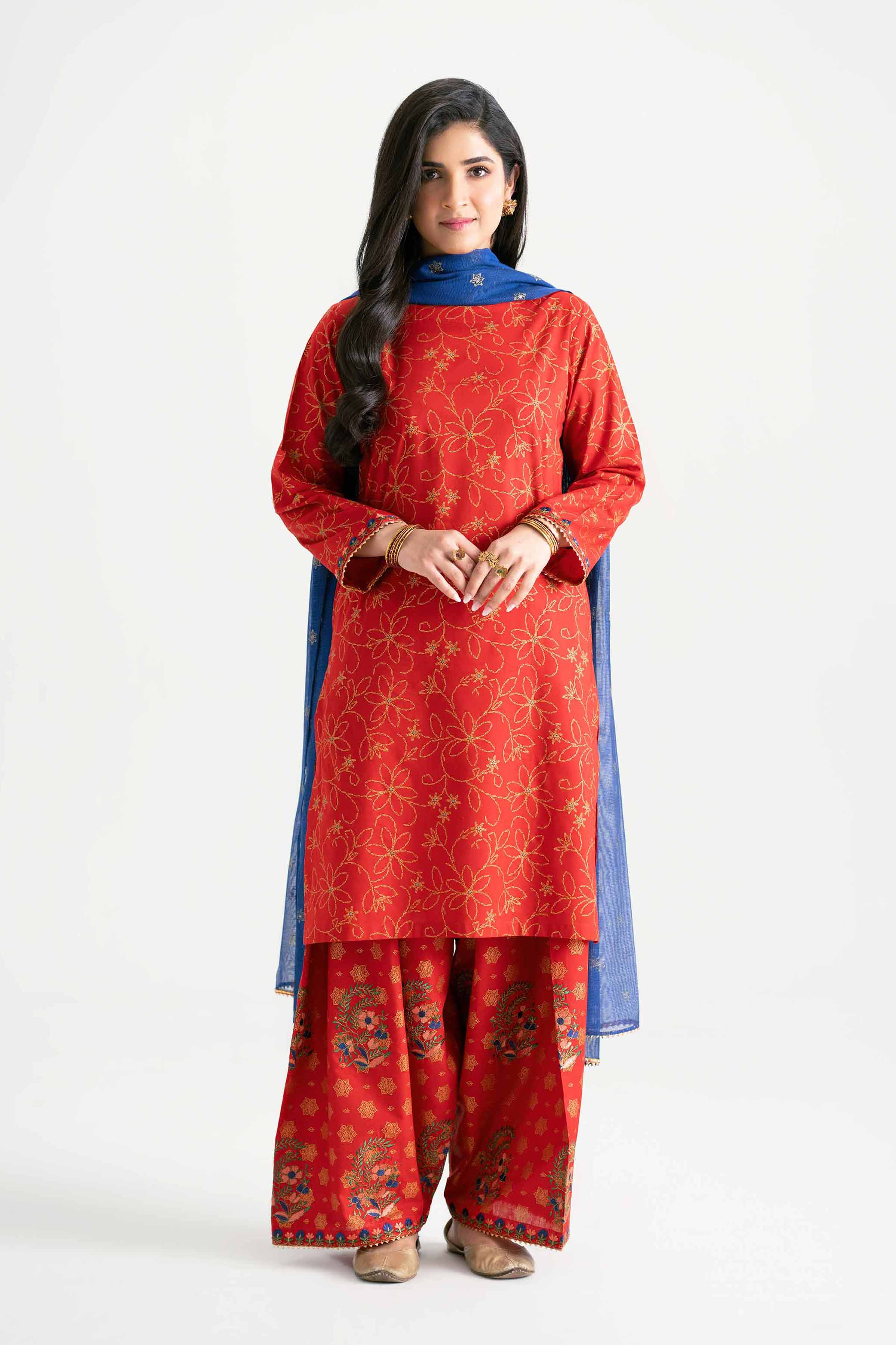 NishatUK - Red Embroidered Lawn 3-piece ready to wear Suit