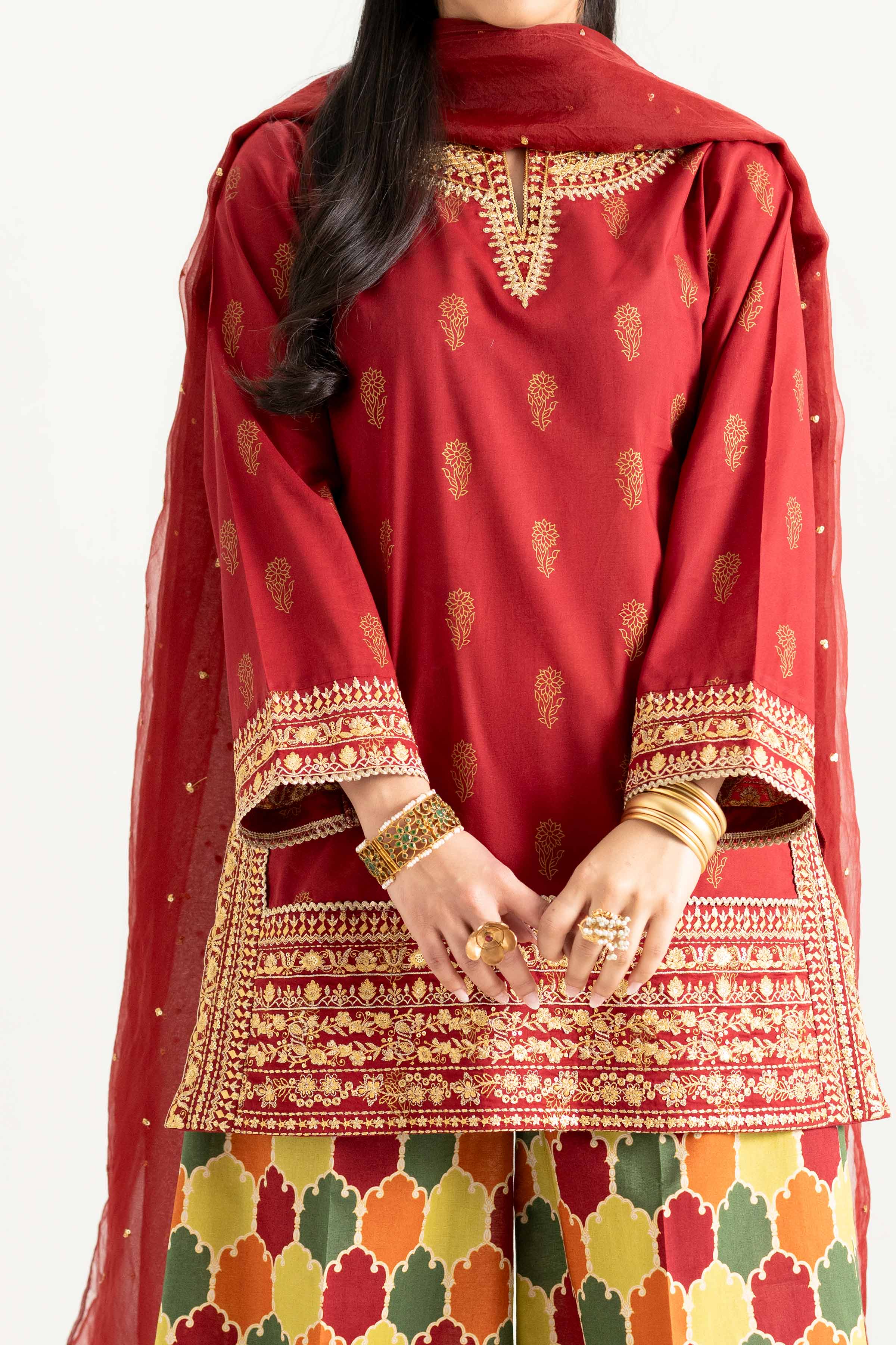 NishatUK - Maroon Embroidered Lawn 3-piece ready to wear Suit