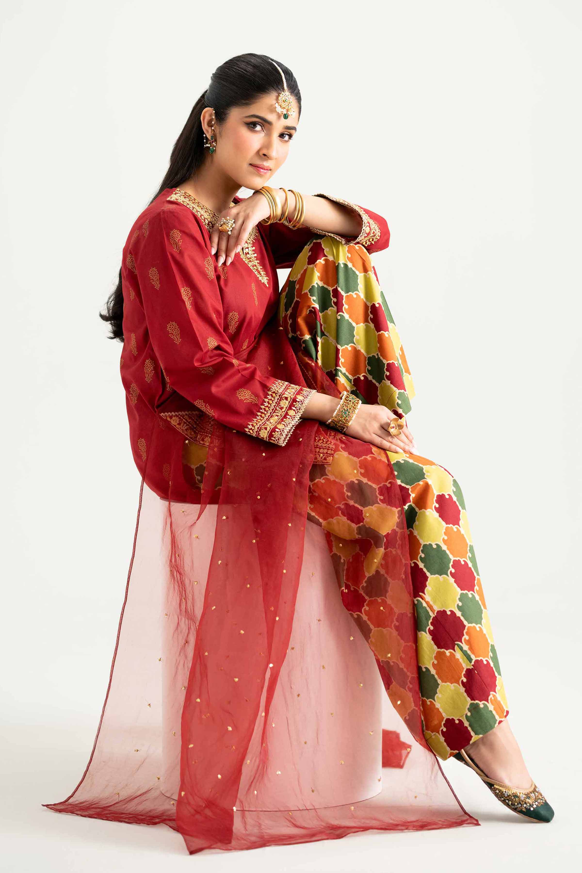 NishatUK - Maroon Embroidered Lawn 3-piece ready to wear Suit