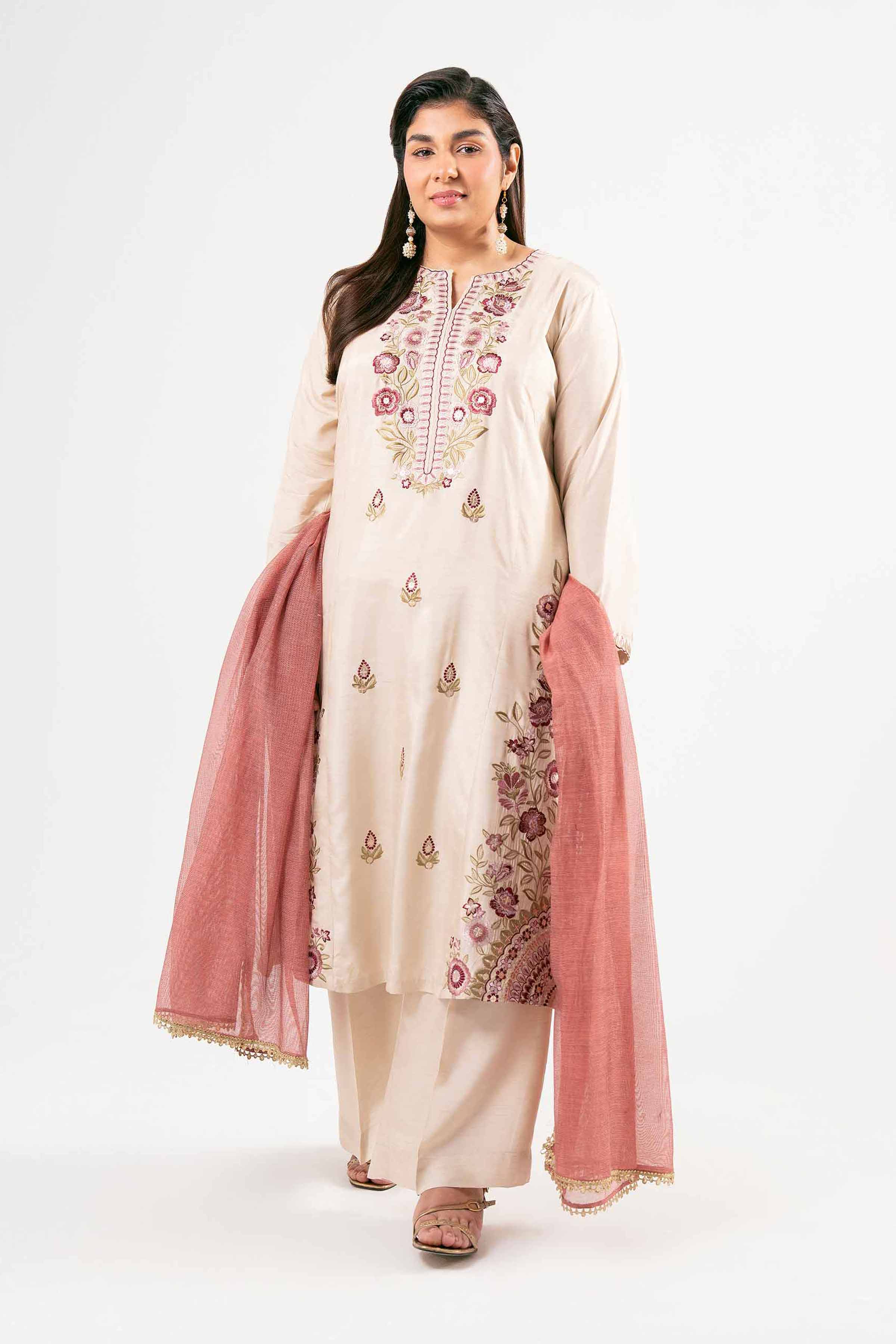NishatUK - Beige Embroidered Silk 3-piece ready to wear Suit