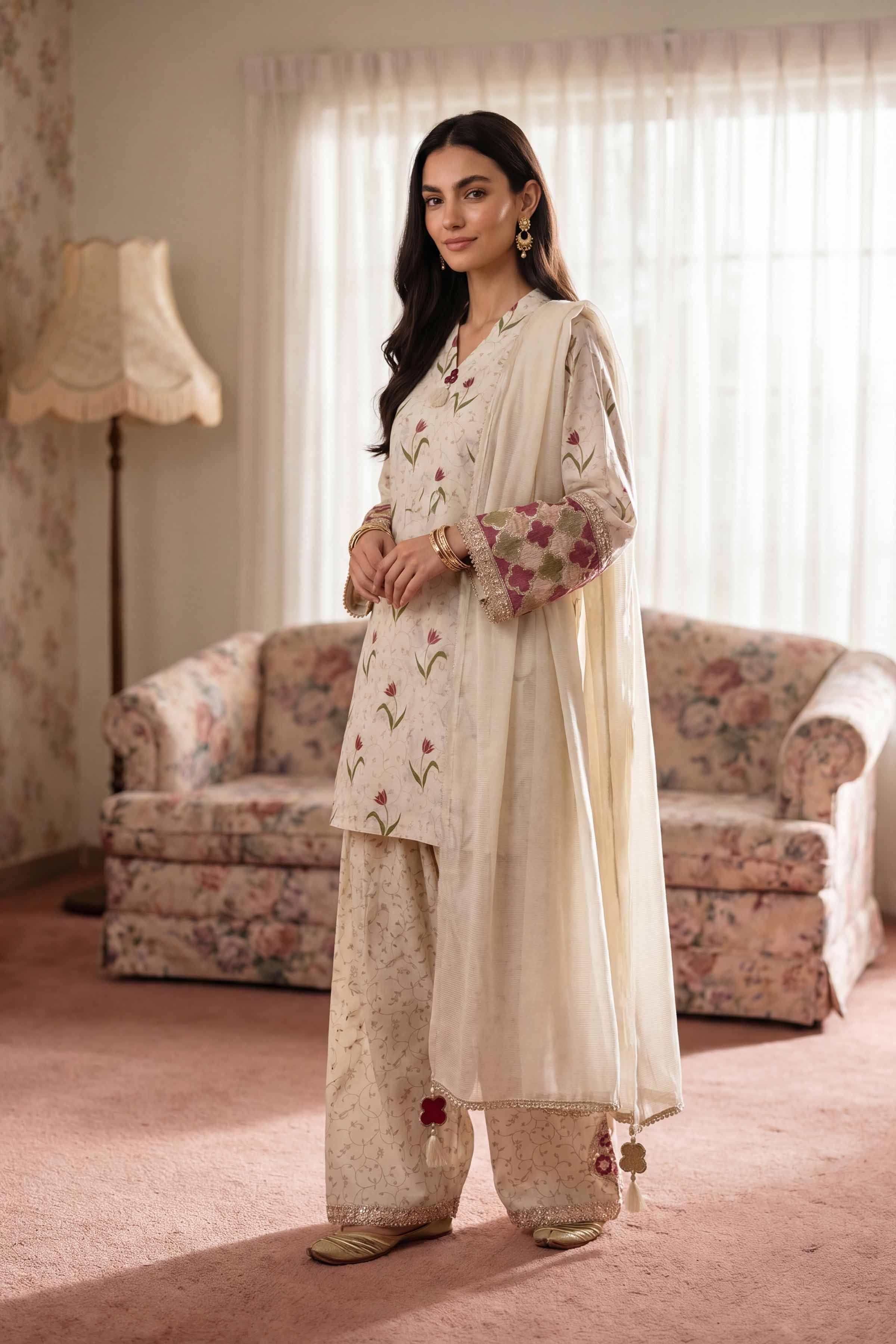 Nishat UK - Off White Embroidered Lawn 3 Piece ready to wear Suit