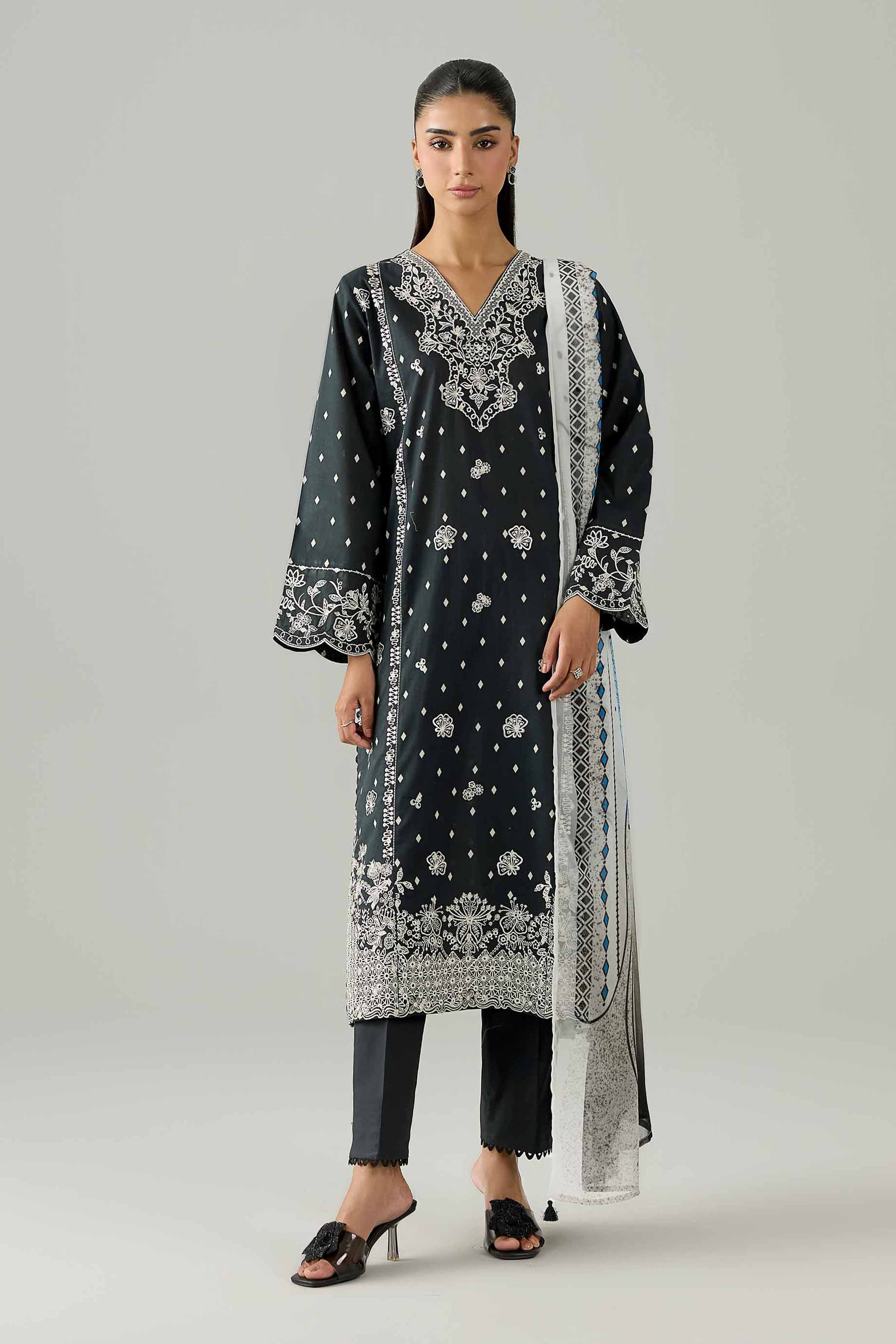 Nishat UK - Black Embroidered Cambric 3 Pieces ready to wear Suit