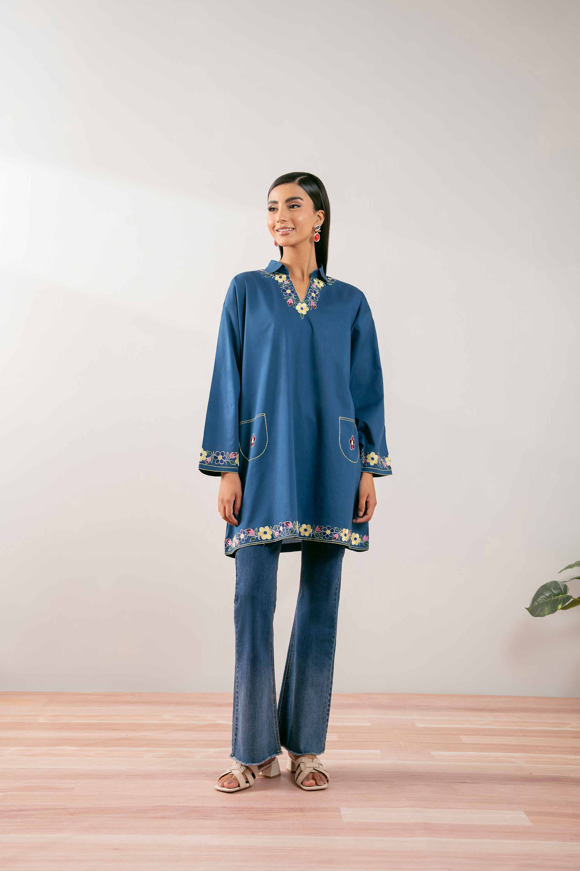 NishatUK - Royal Blue Embroidered Cambric 1-piece ready to wear Tunic