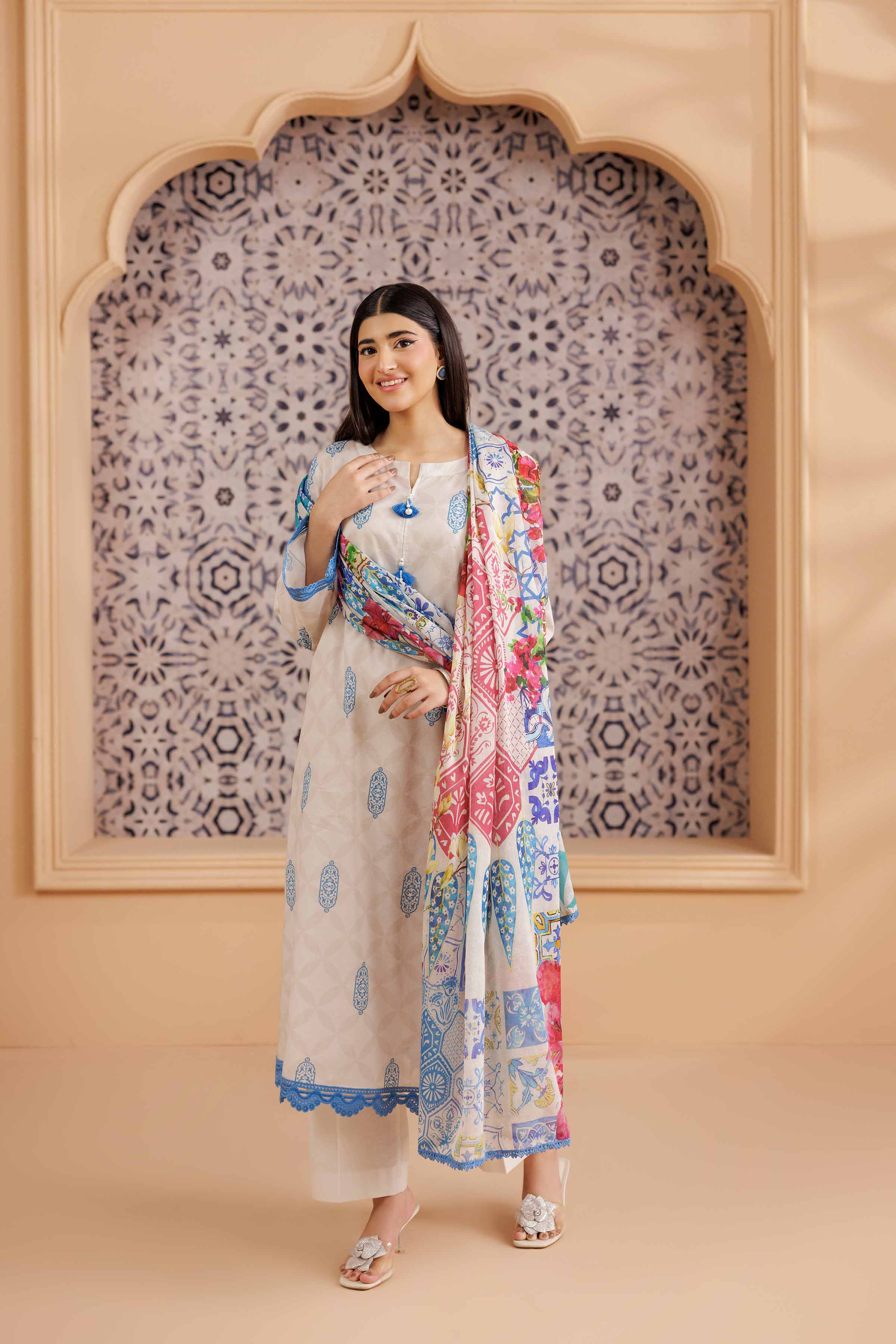 NishatUK - Beige Printed Cambric 3-piece ready to wear Suit