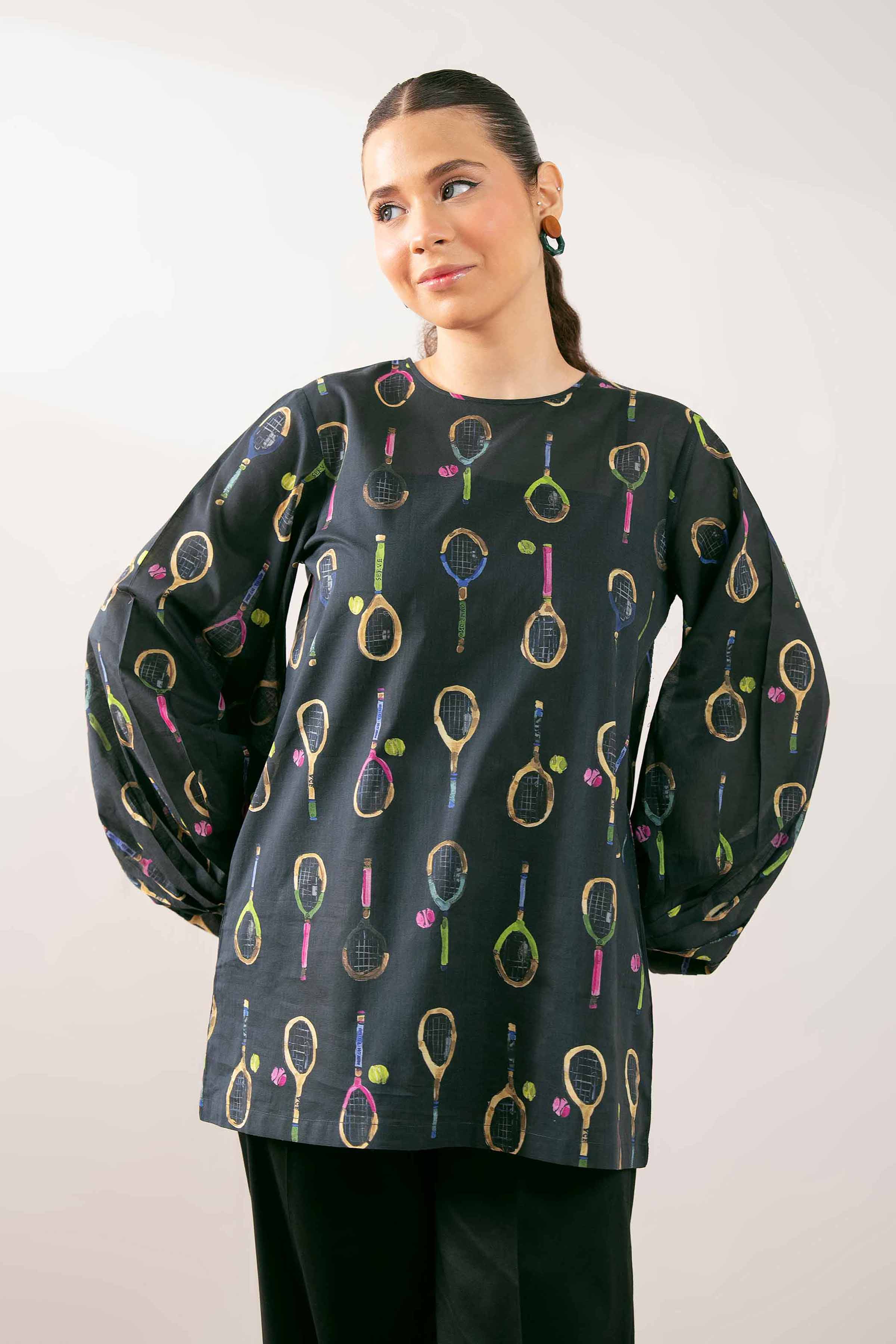 NishatUK - Black Printed Cambric 1-piece ready to wear Tunic