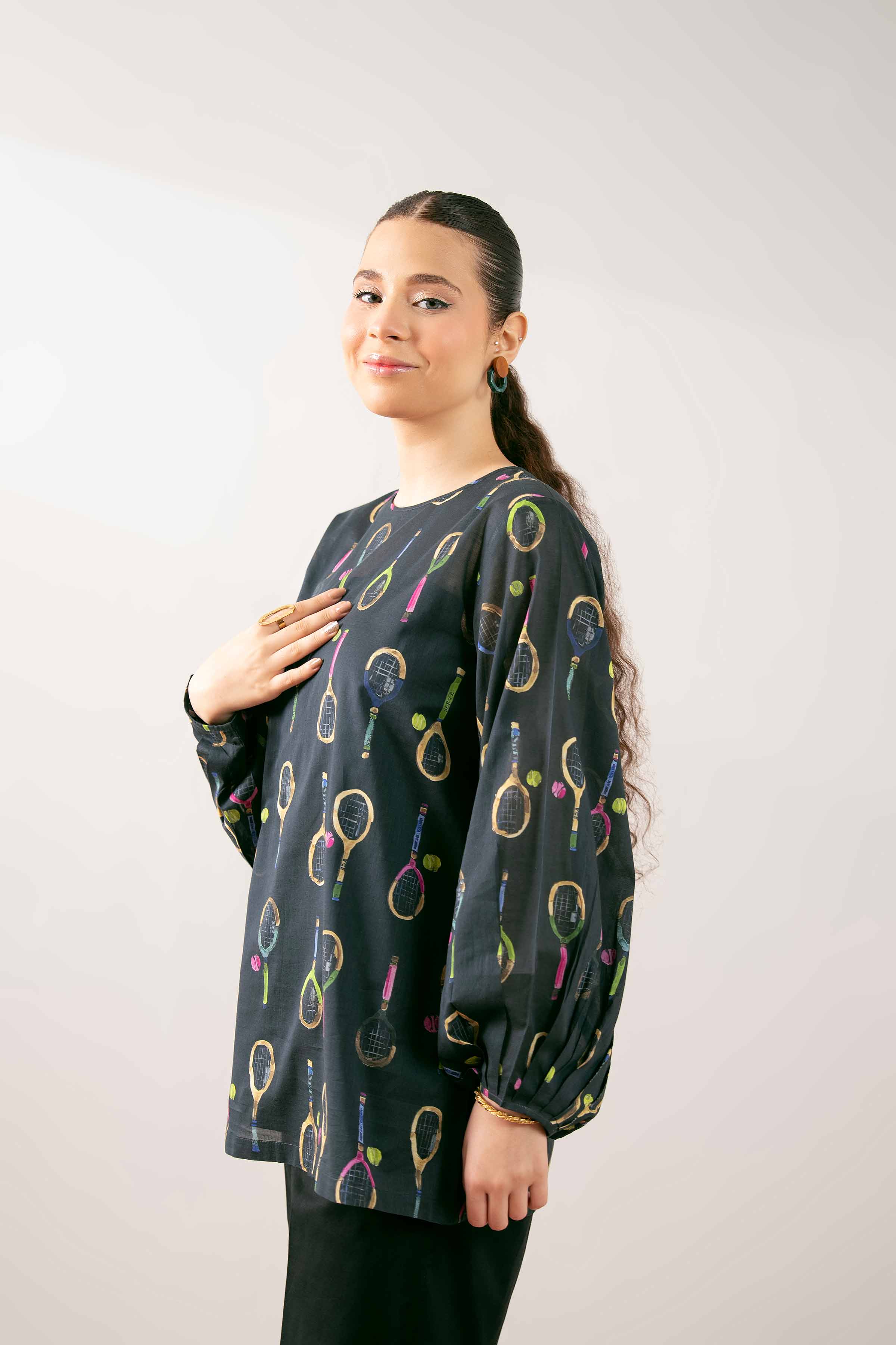 NishatUK - Black Printed Cambric 1-piece ready to wear Tunic