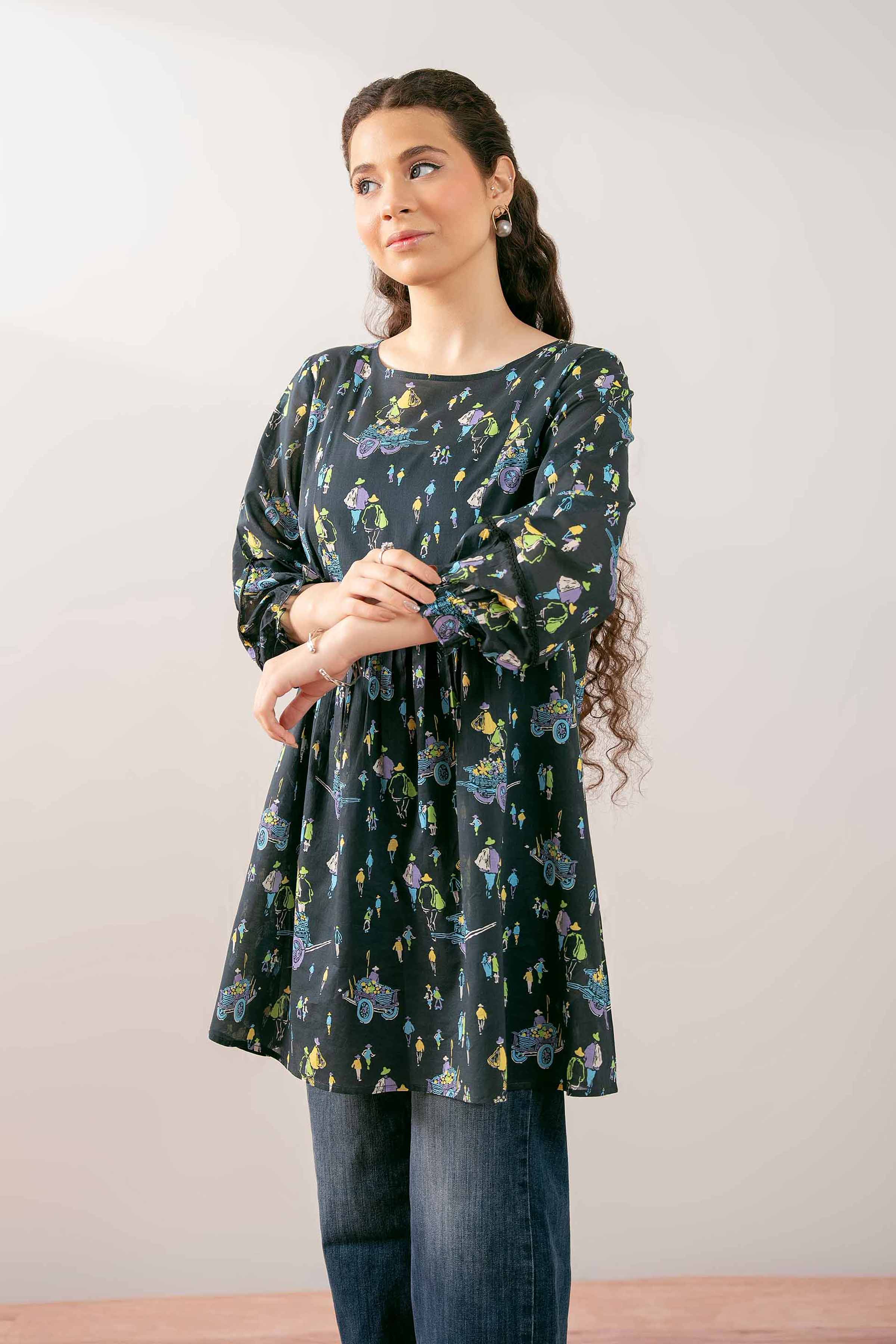 NishatUK - Black Printed Cambric 1-piece ready to wear Tunic