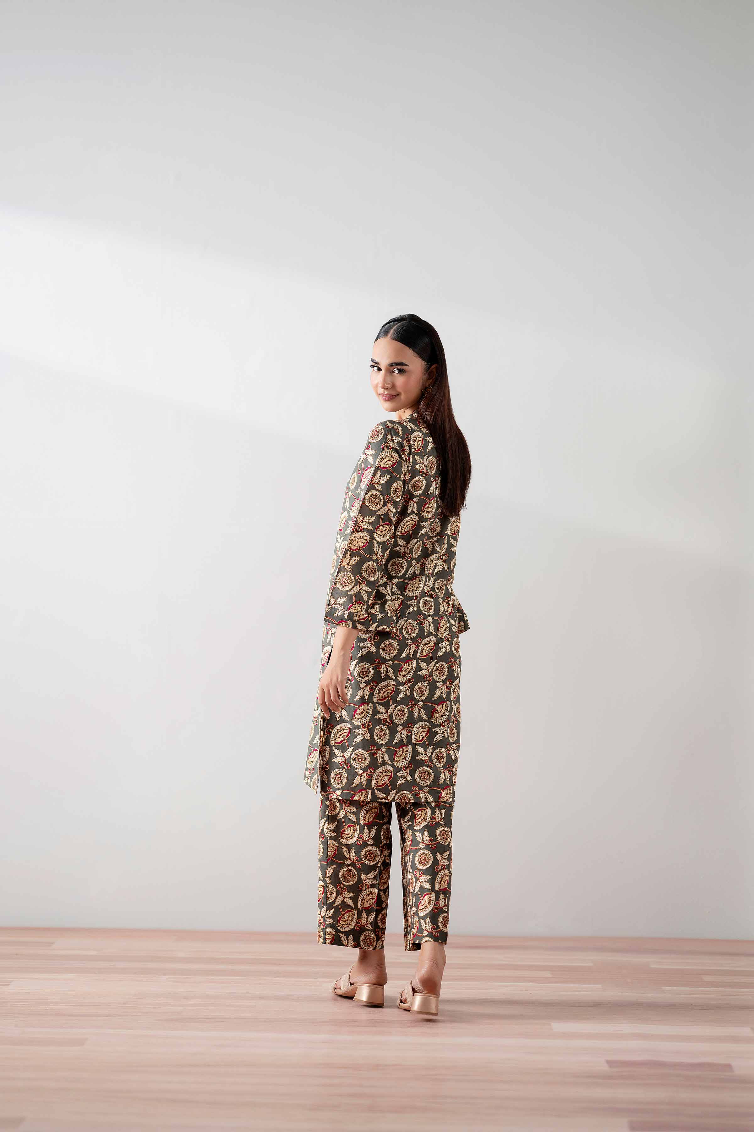 NishatUK - Olive Green Printed Cambric 2-piece ready to wear Dress