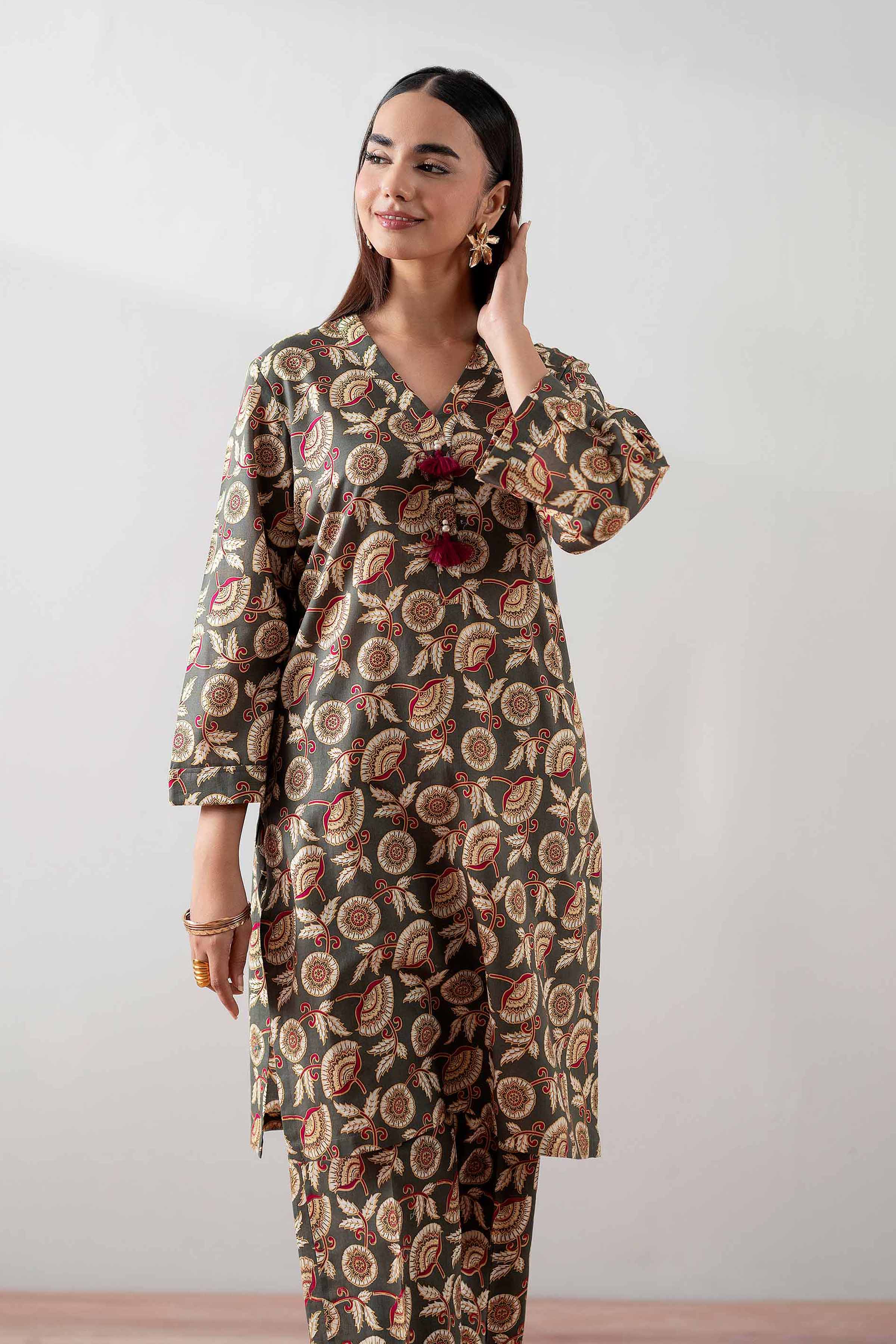 NishatUK - Olive Green Printed Cambric 2-piece ready to wear Dress