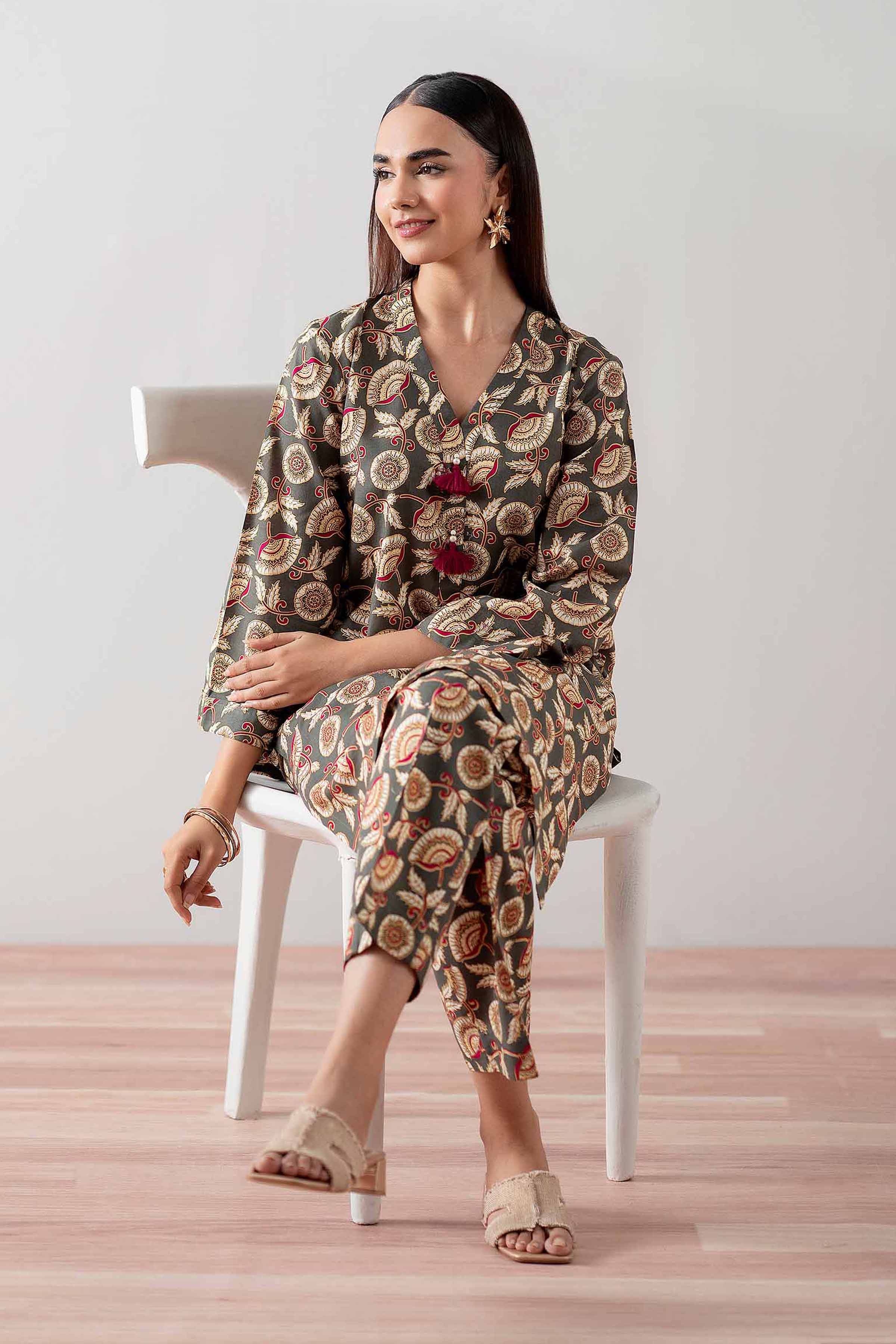 NishatUK - Olive Green Printed Cambric 2-piece ready to wear Dress
