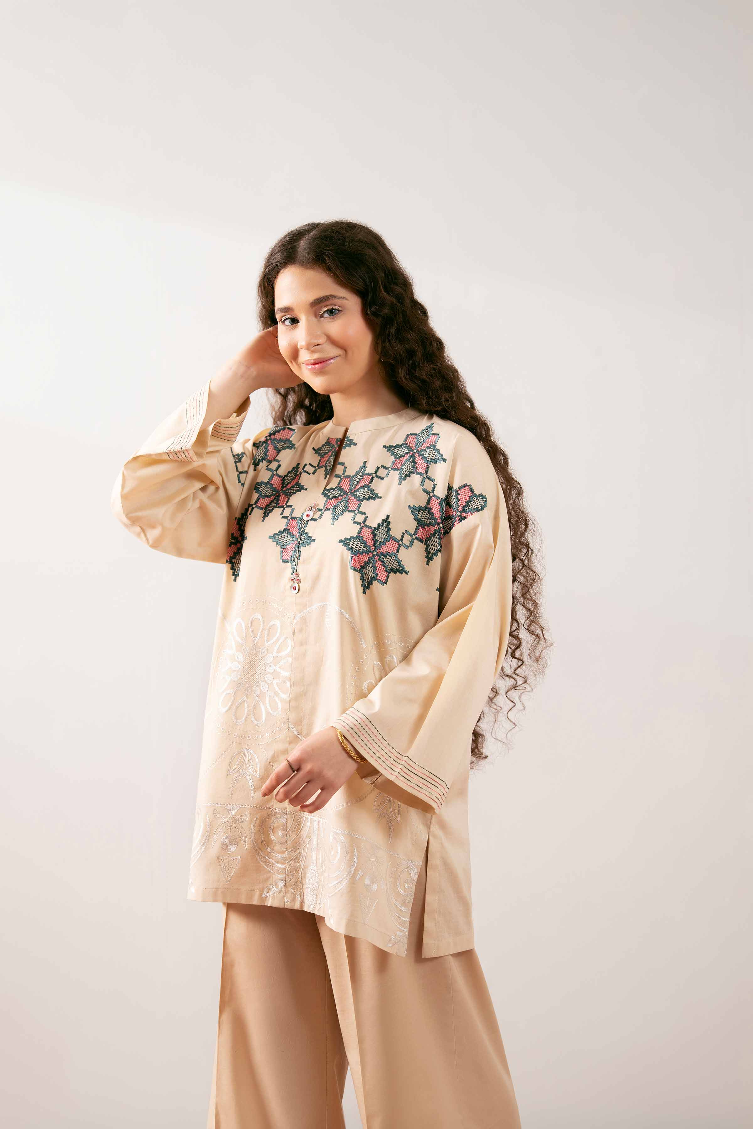 NishatUK - Beige Embroidered Cambric 1-piece ready to wear Tunic