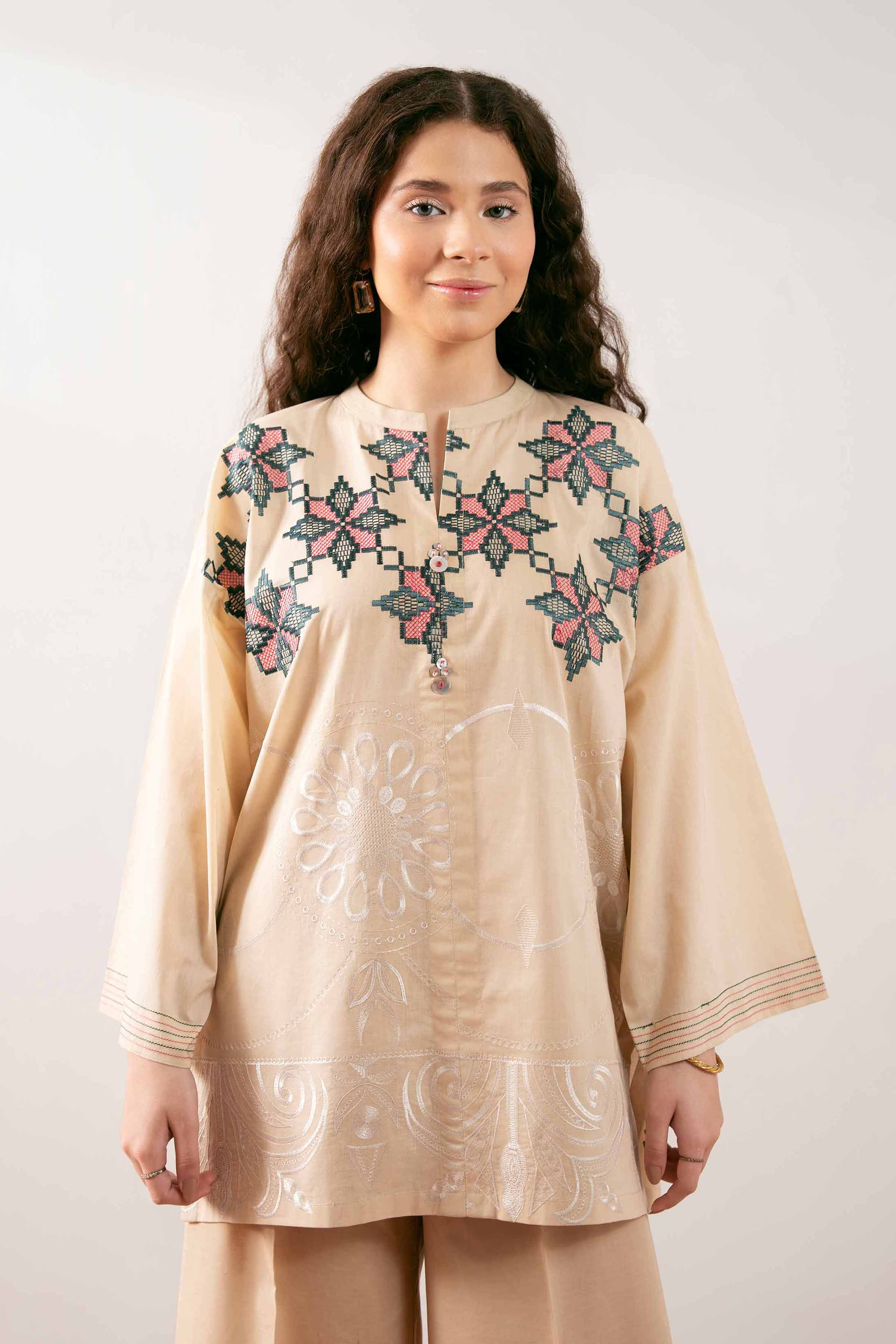 NishatUK - Beige Embroidered Cambric 1-piece ready to wear Tunic