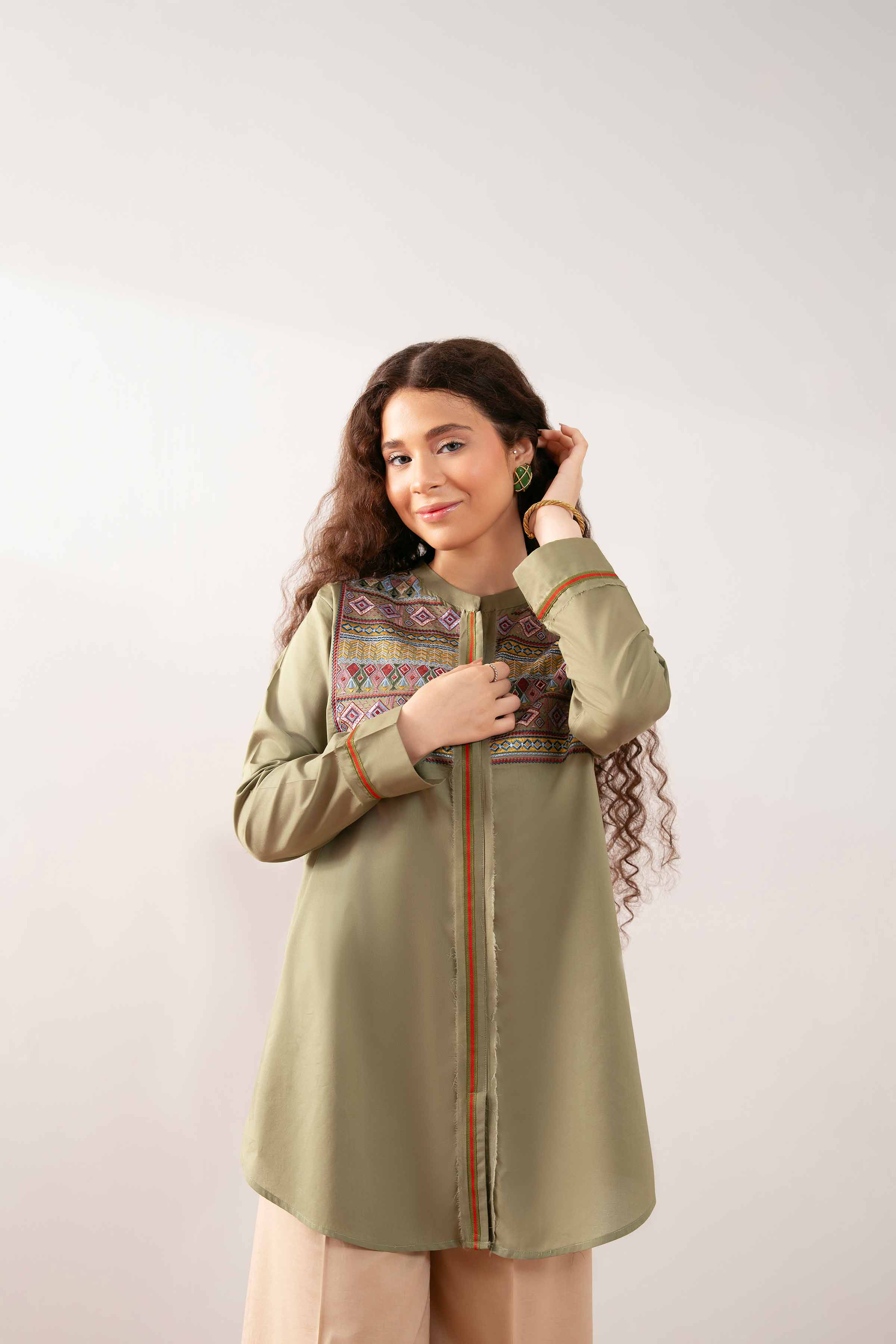 NishatUK - Olive Green Embroidered Cambric 1-piece ready to wear Tunic