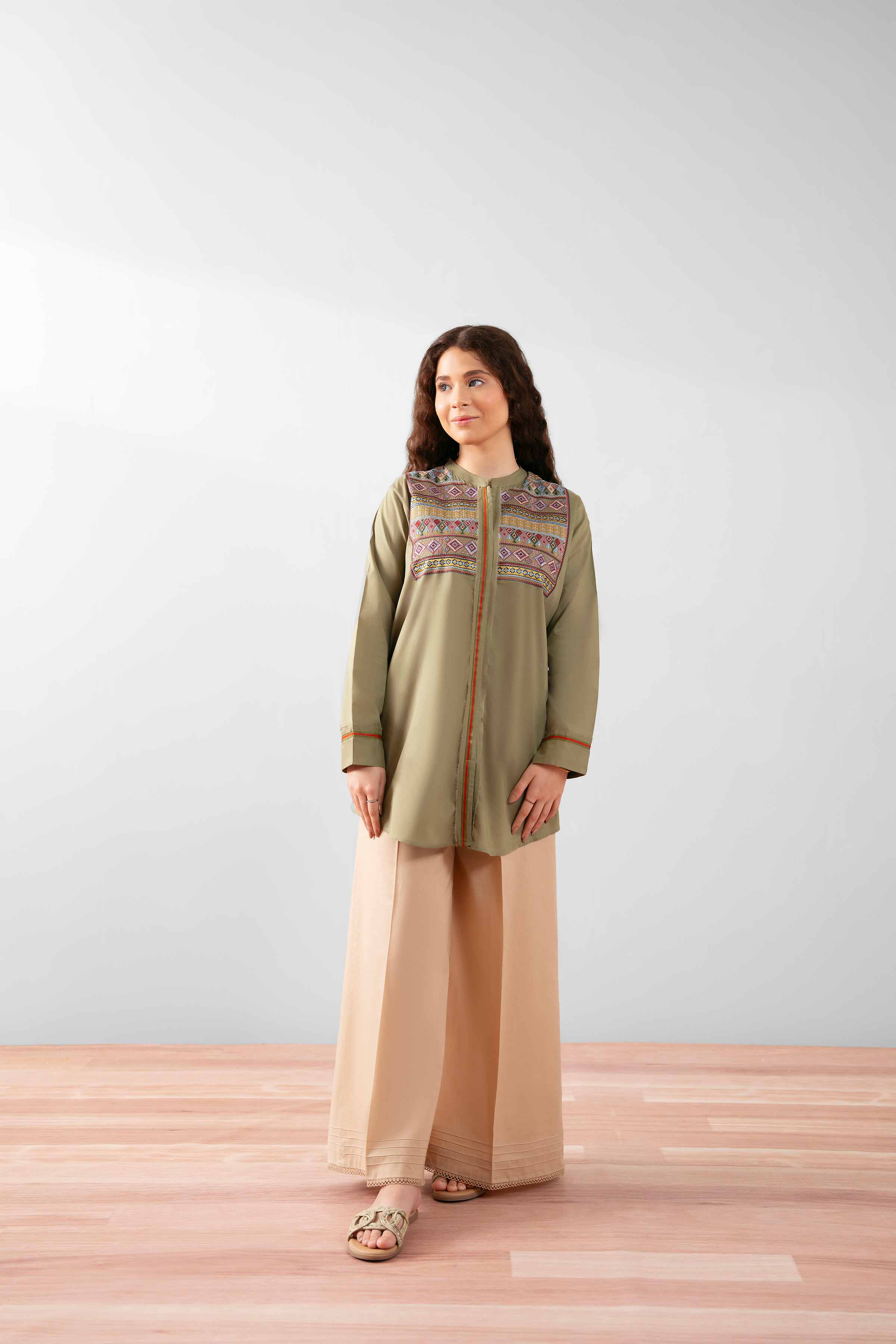 NishatUK - Olive Green Embroidered Cambric 1-piece ready to wear Tunic