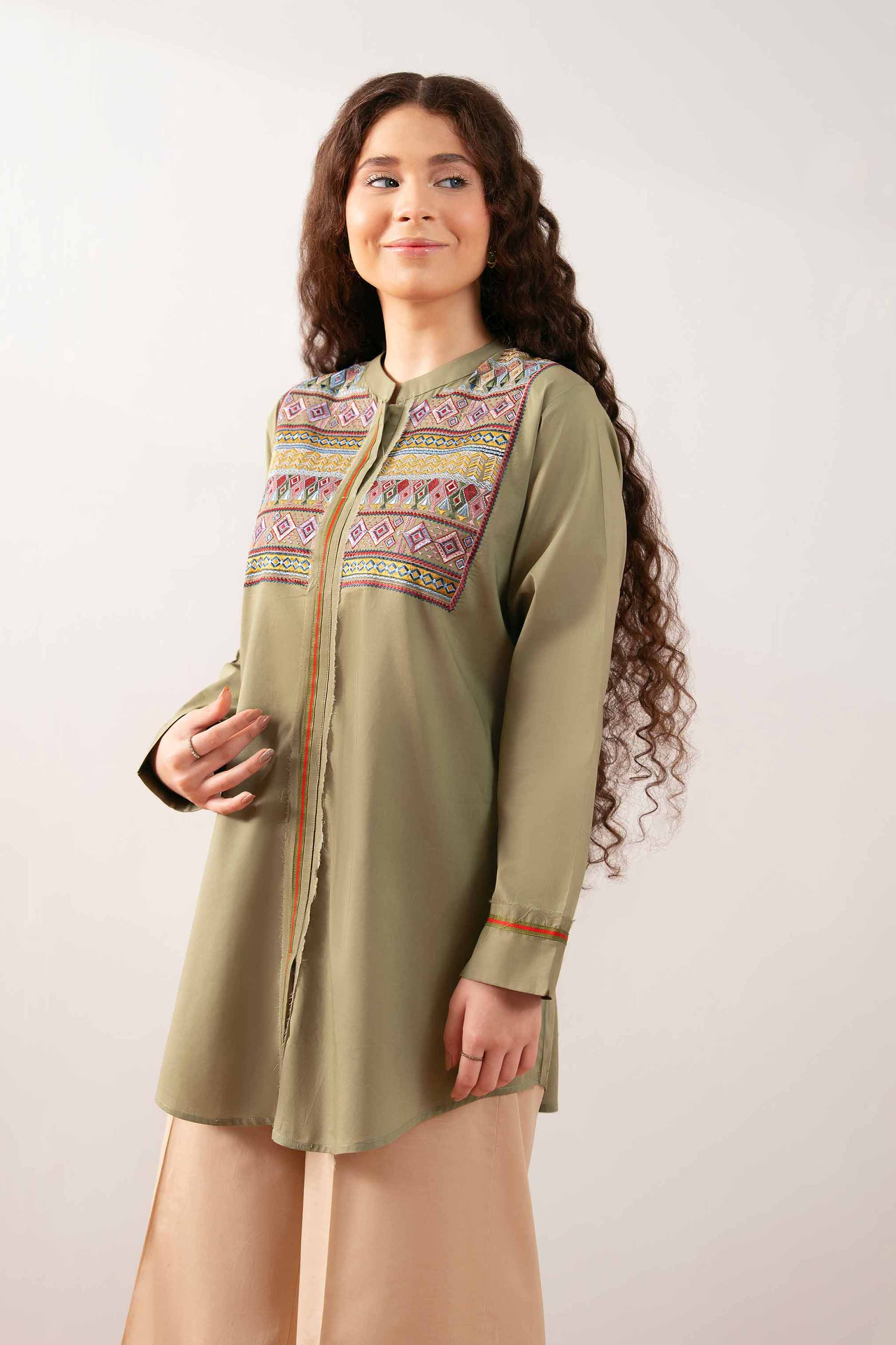 NishatUK - Olive Green Embroidered Cambric 1-piece ready to wear Tunic