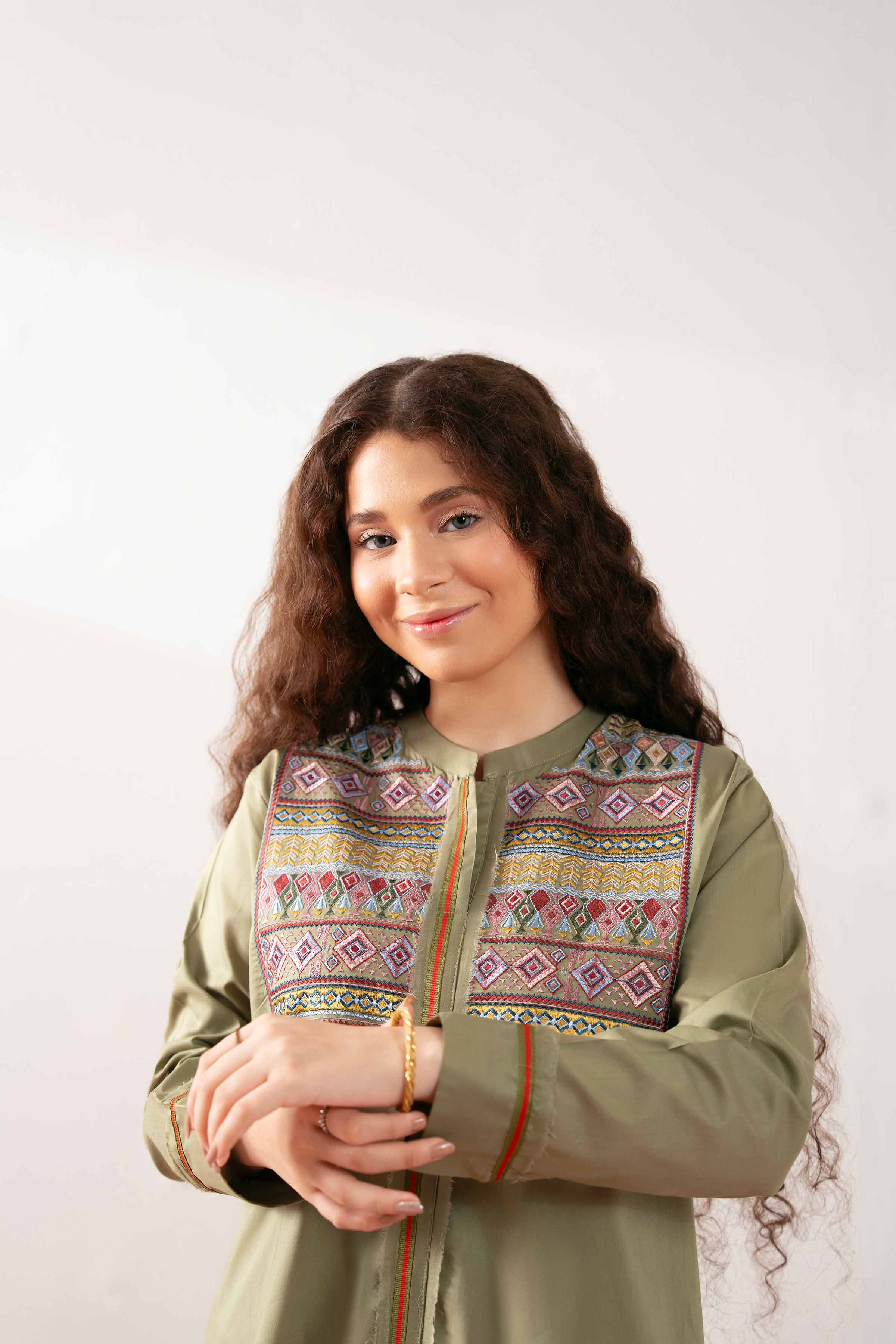 NishatUK - Olive Green Embroidered Cambric 1-piece ready to wear Tunic