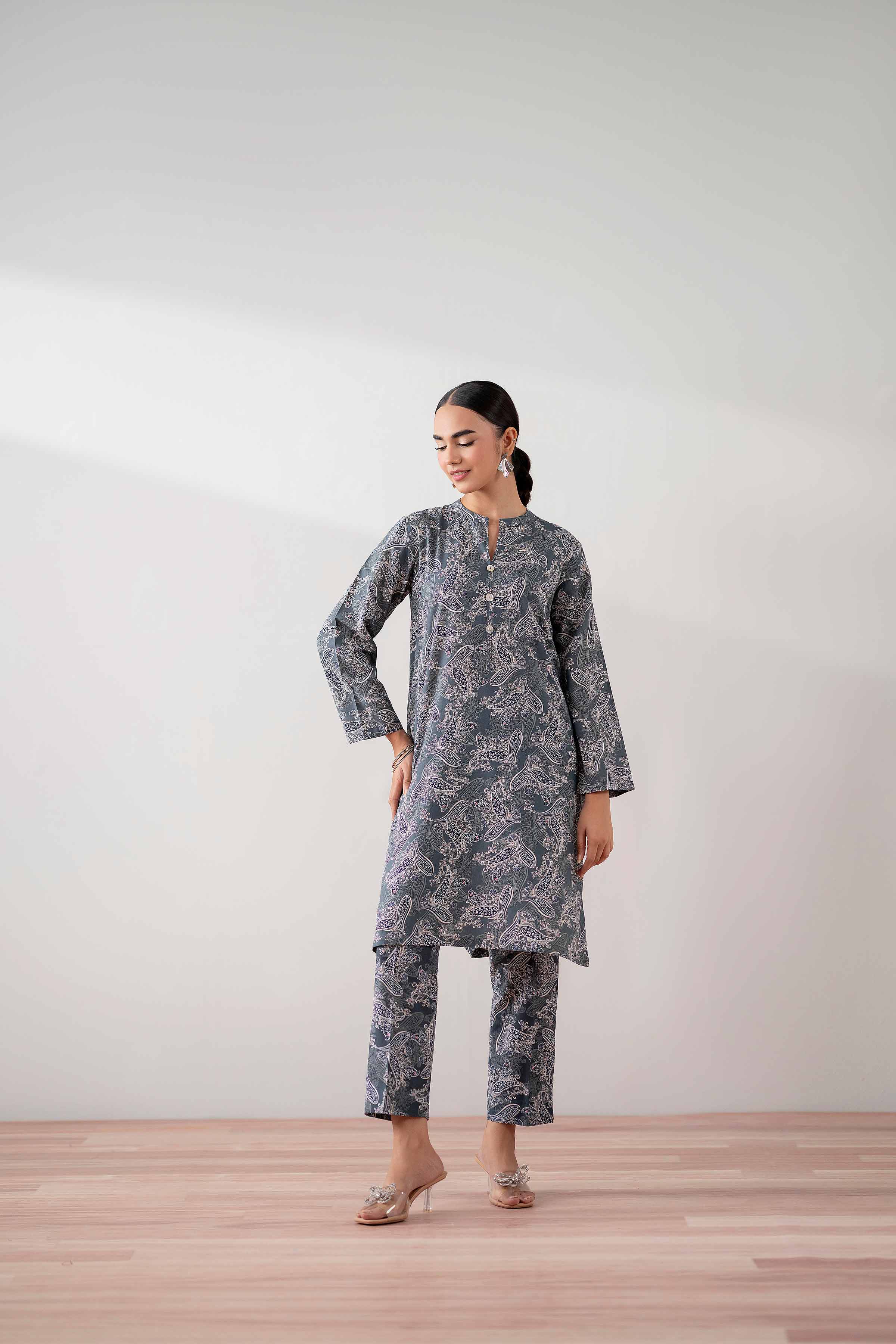 NishatUK - Grey Printed Cambric 2-piece ready to wear Dress