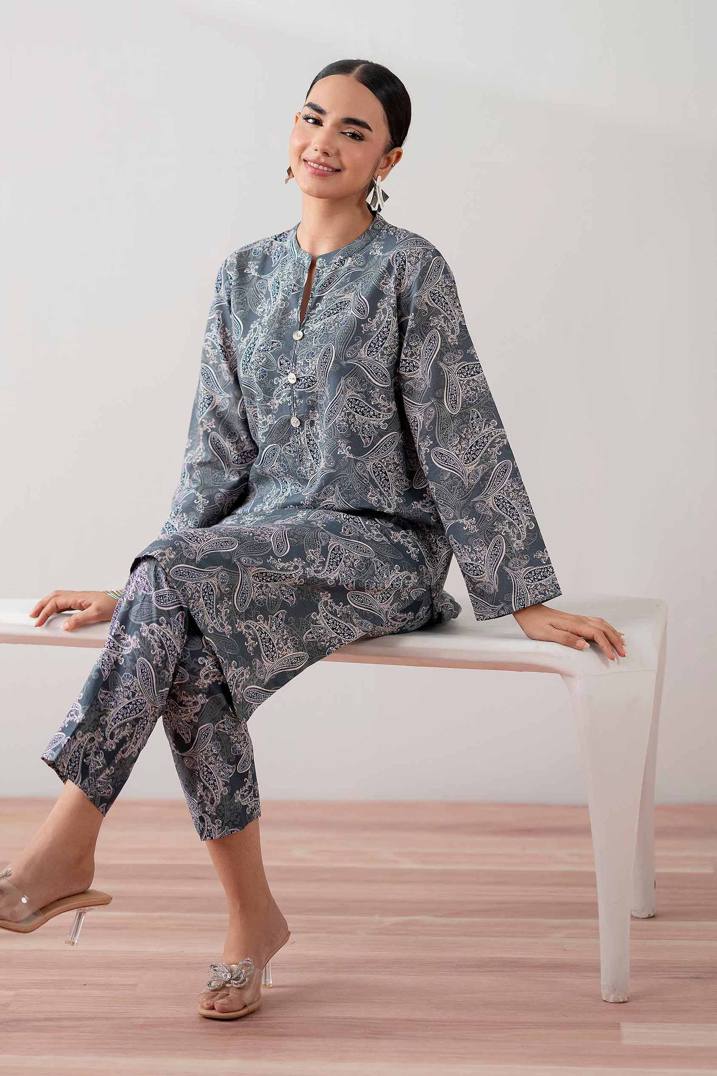 NishatUK - Grey Printed Cambric 2-piece ready to wear Dress
