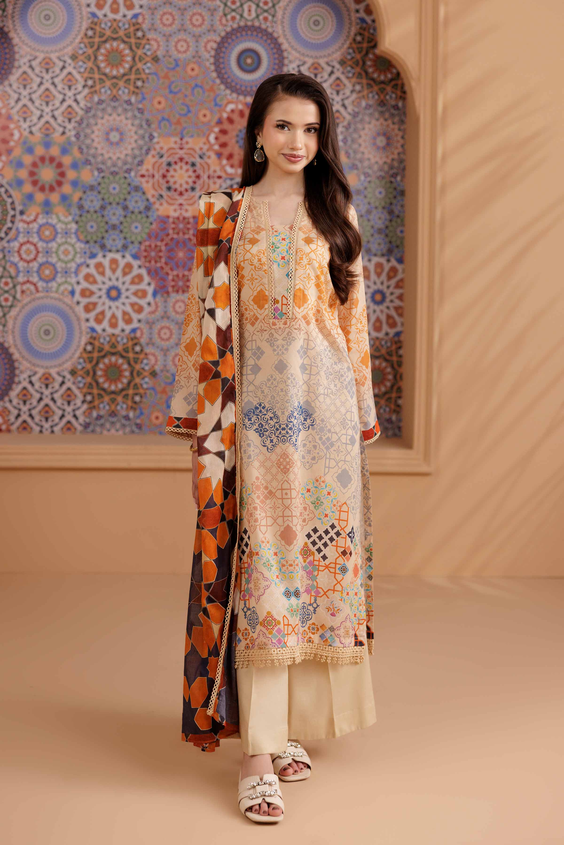 NishatUK - Beige Printed Cambric 2-piece ready to wear Dress
