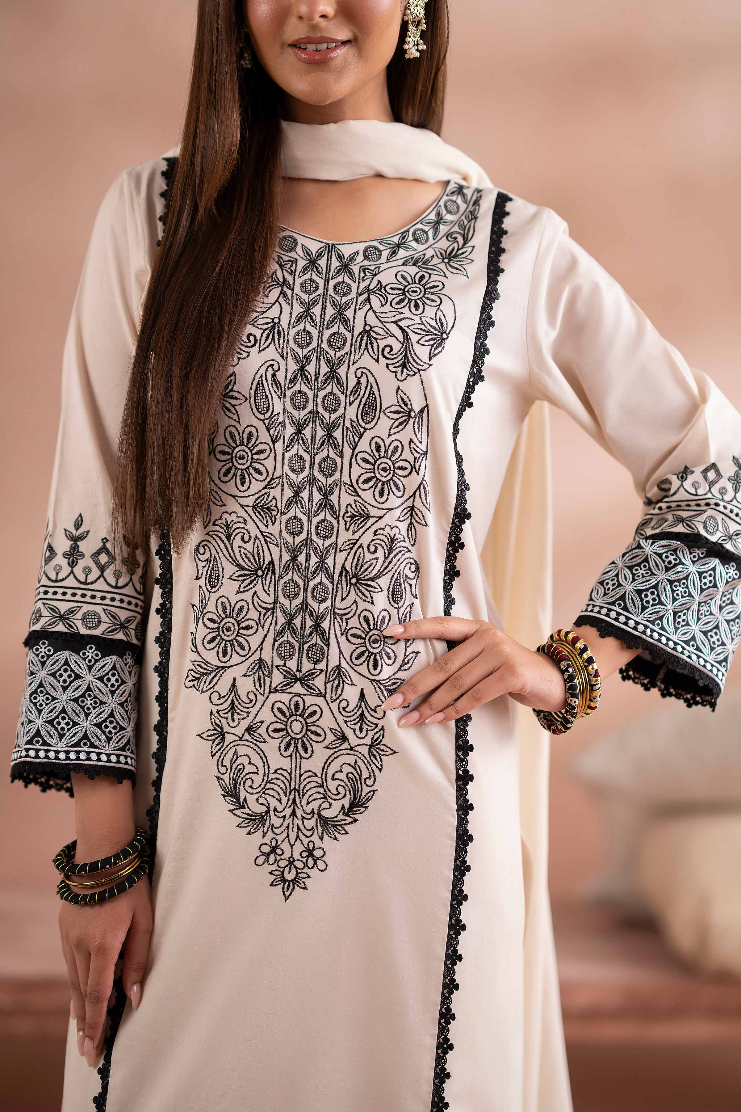 NishatUK - Off White Embroidered Cambric 3-piece ready to wear Suit