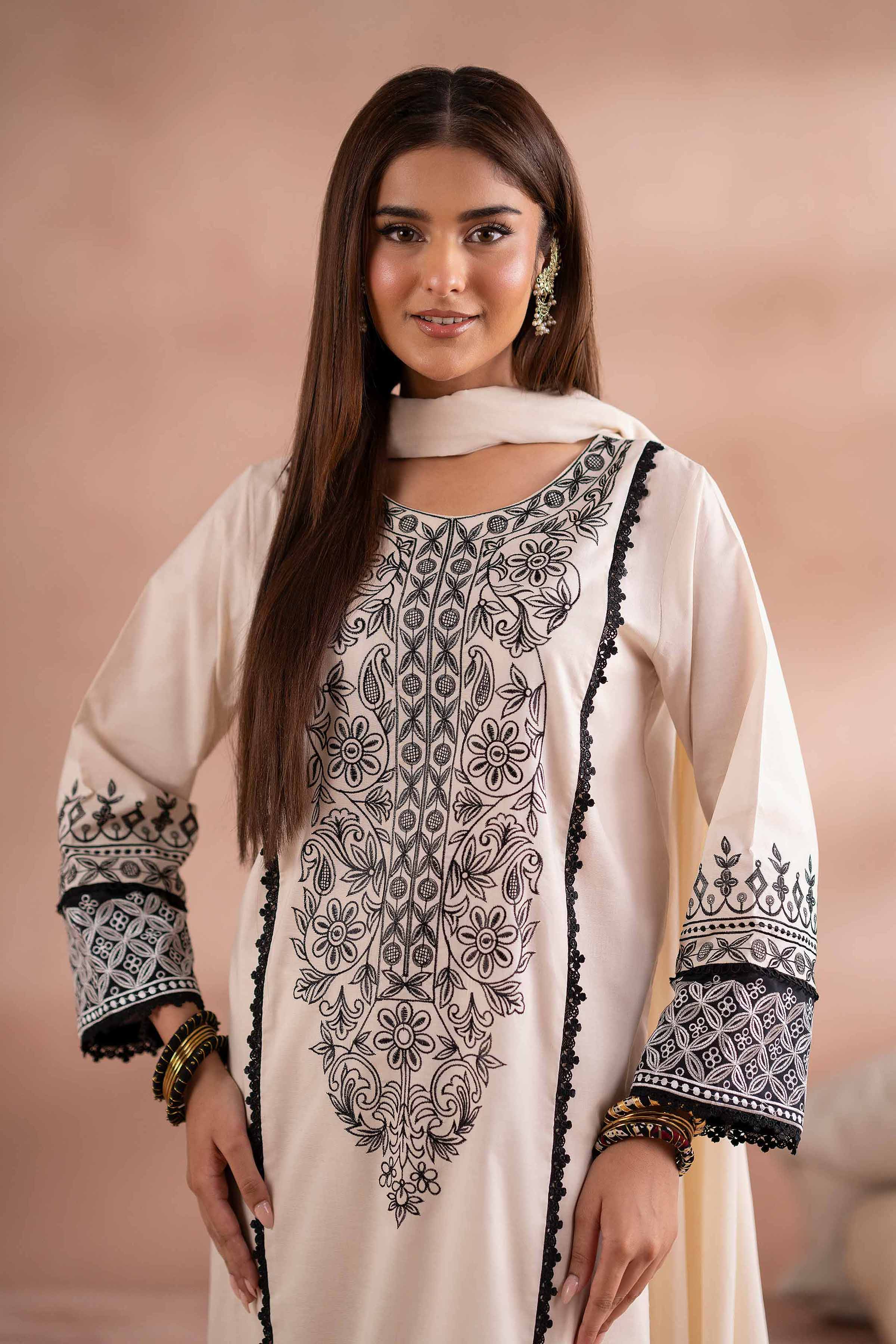 NishatUK - Off White Embroidered Cambric 3-piece ready to wear Suit