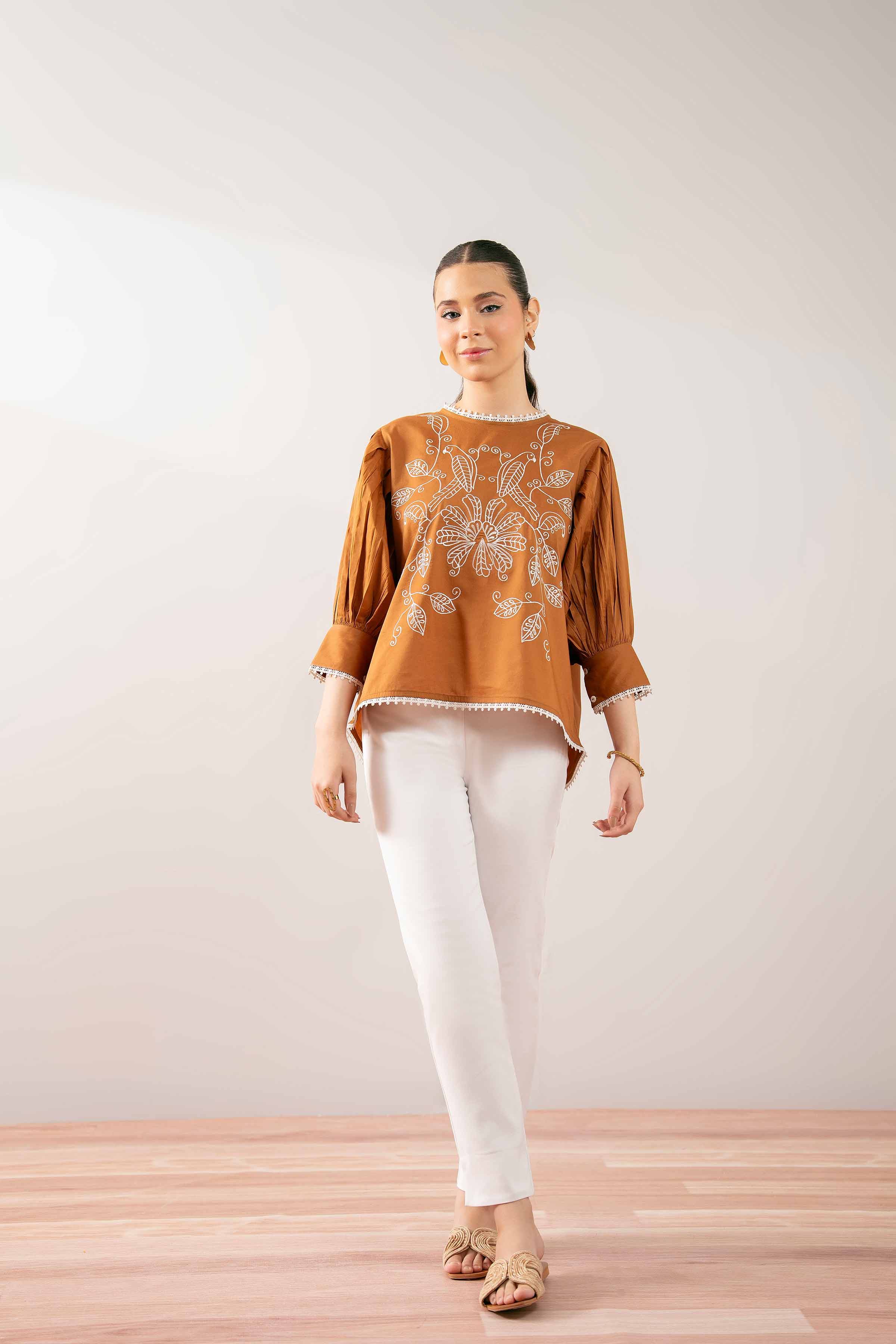 NishatUK - Brown Embroidered Cambric 1-piece ready to wear Tunic