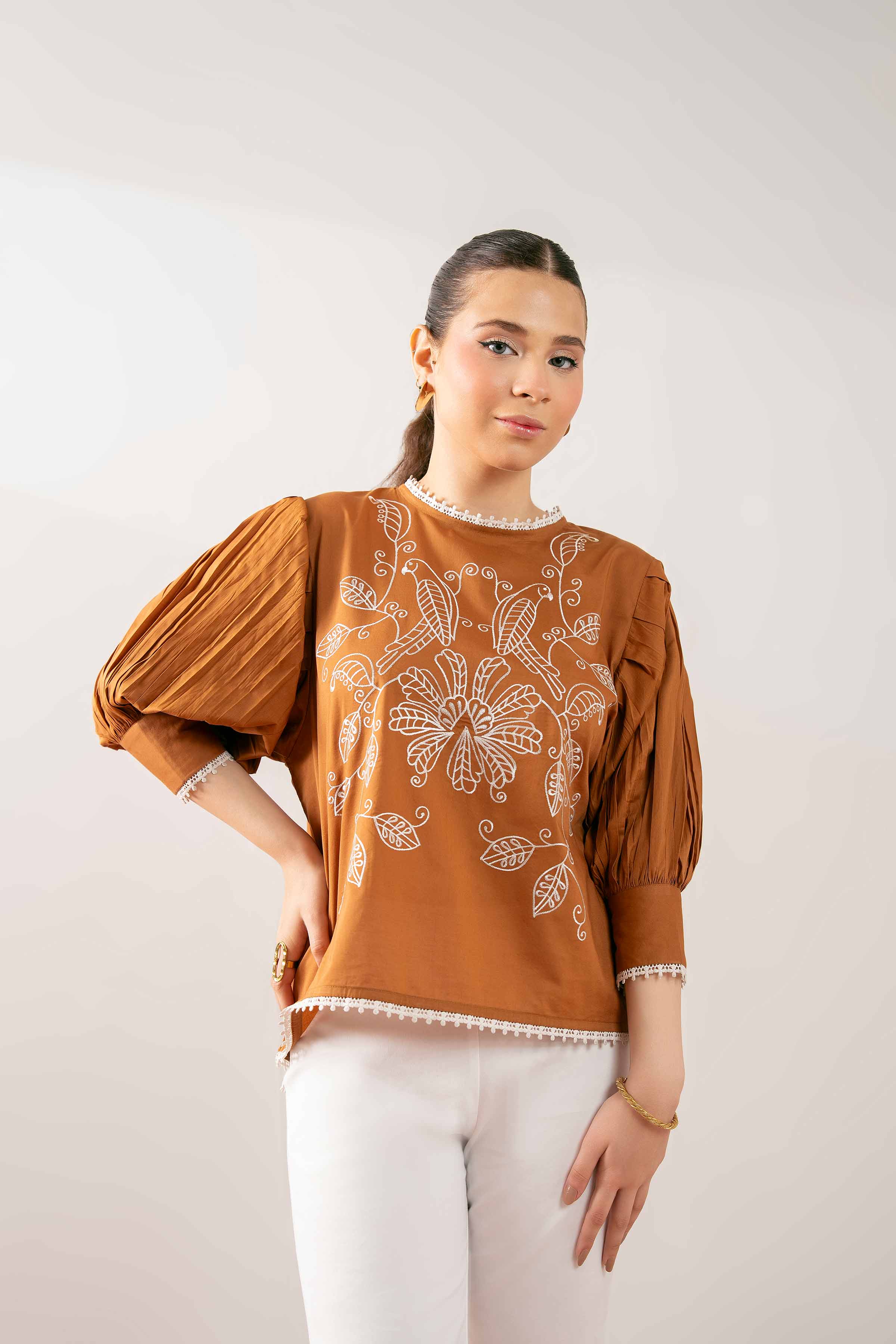 NishatUK - Brown Embroidered Cambric 1-piece ready to wear Tunic
