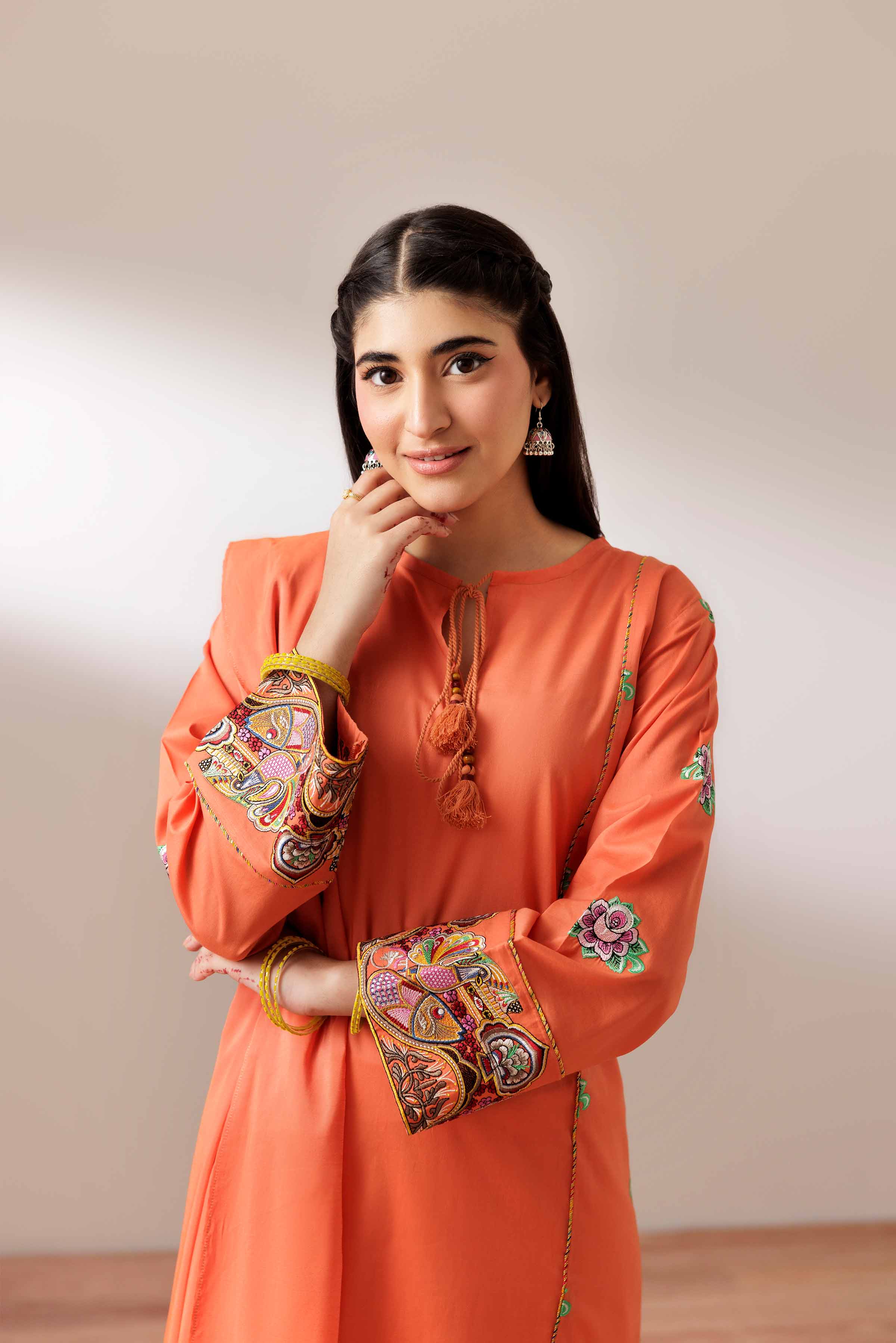 NishatUK - Orange Embroidered Cambric 2-piece ready to wear Dress