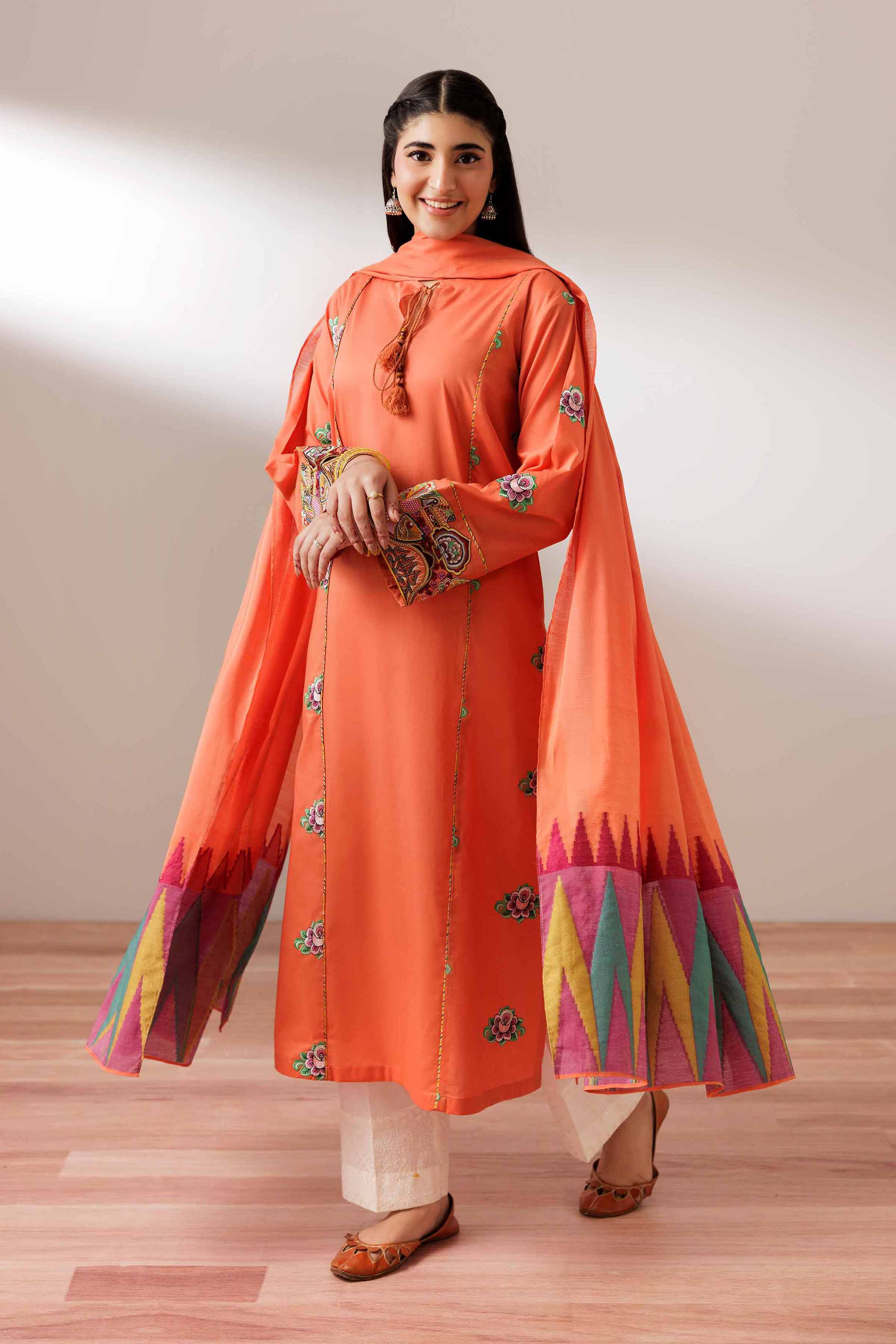 NishatUK - Orange Embroidered Cambric 2-piece ready to wear Dress