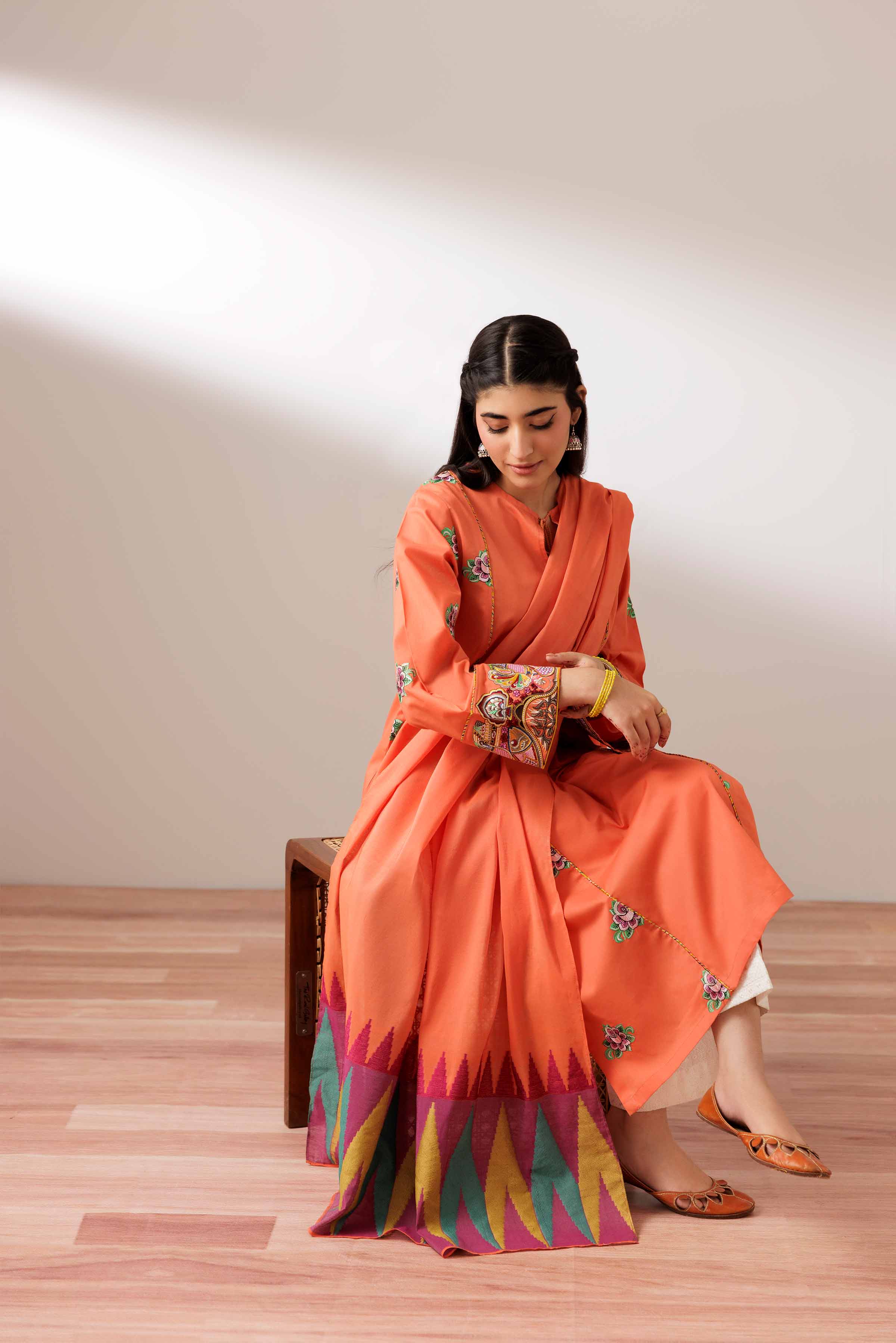 NishatUK - Orange Embroidered Cambric 2-piece ready to wear Dress