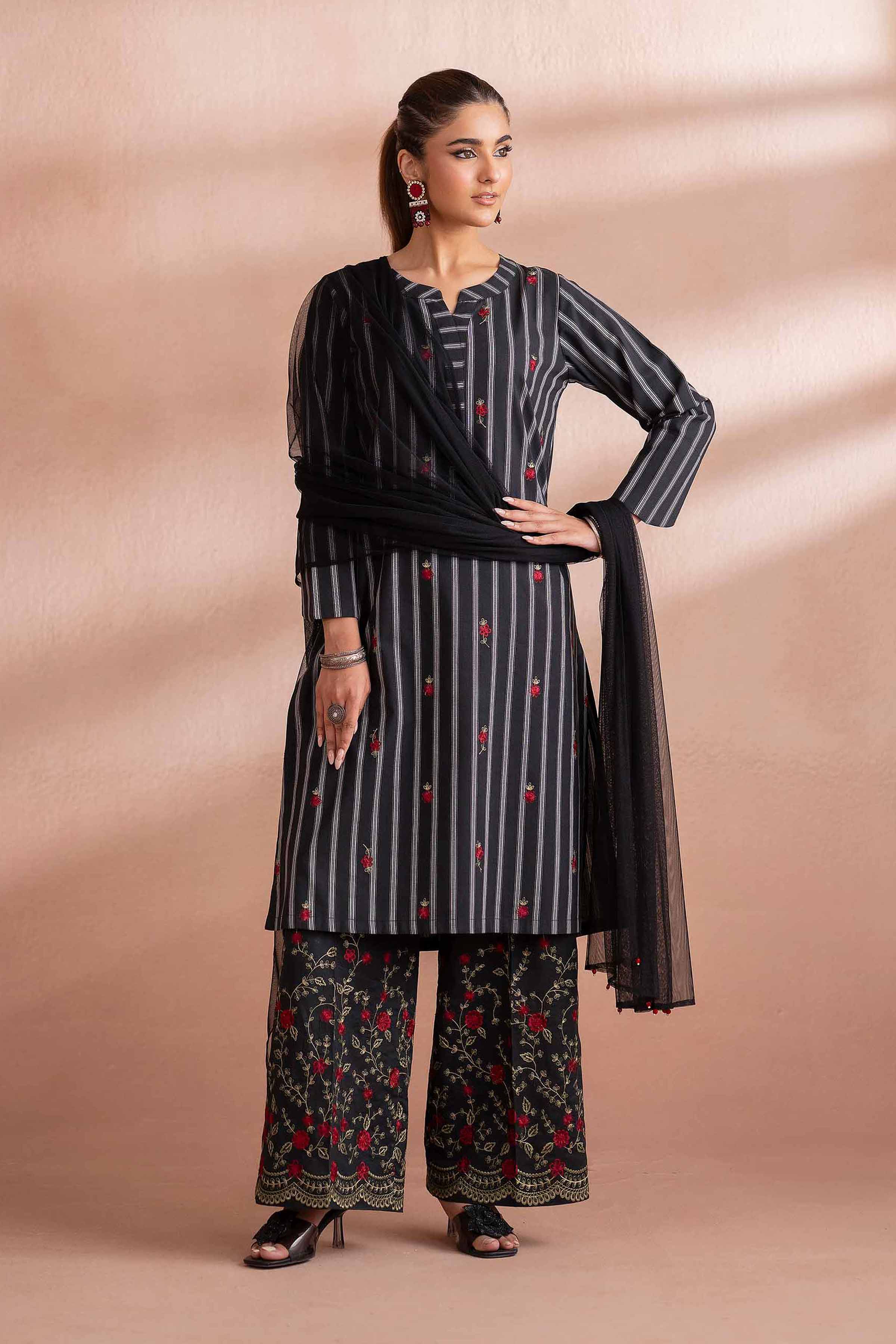 NishatUK - Black Embroidered Yarn Dyed 3-piece ready to wear Suit