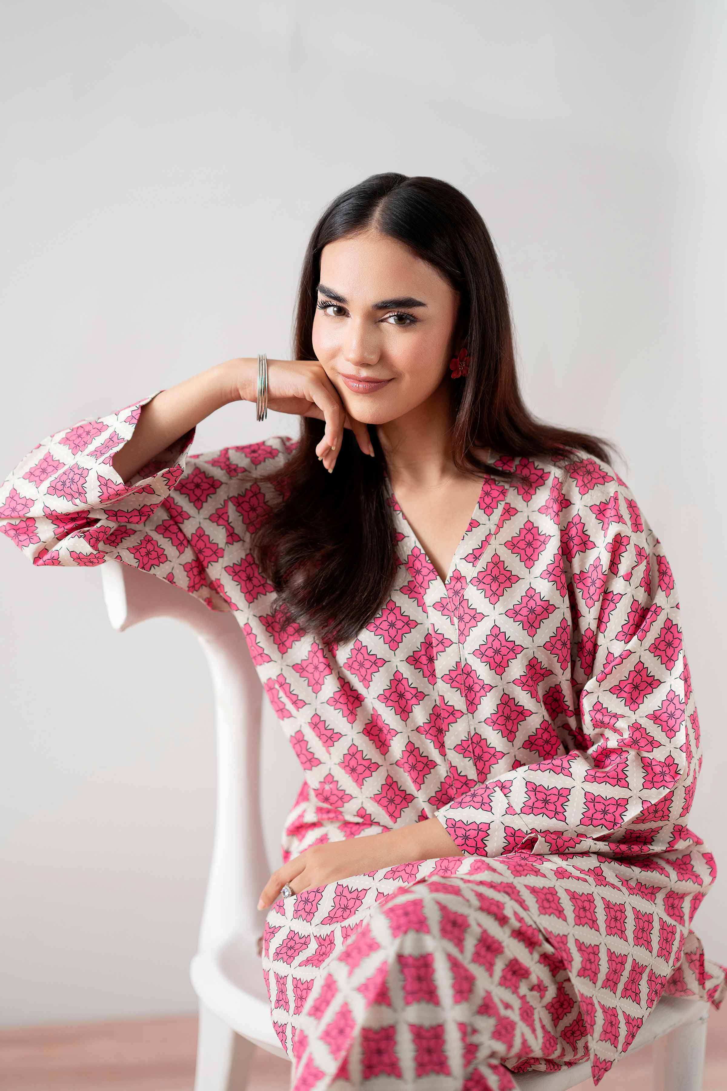 NishatUK - White & Pink Printed Cambric 2-piece ready to wear Dress