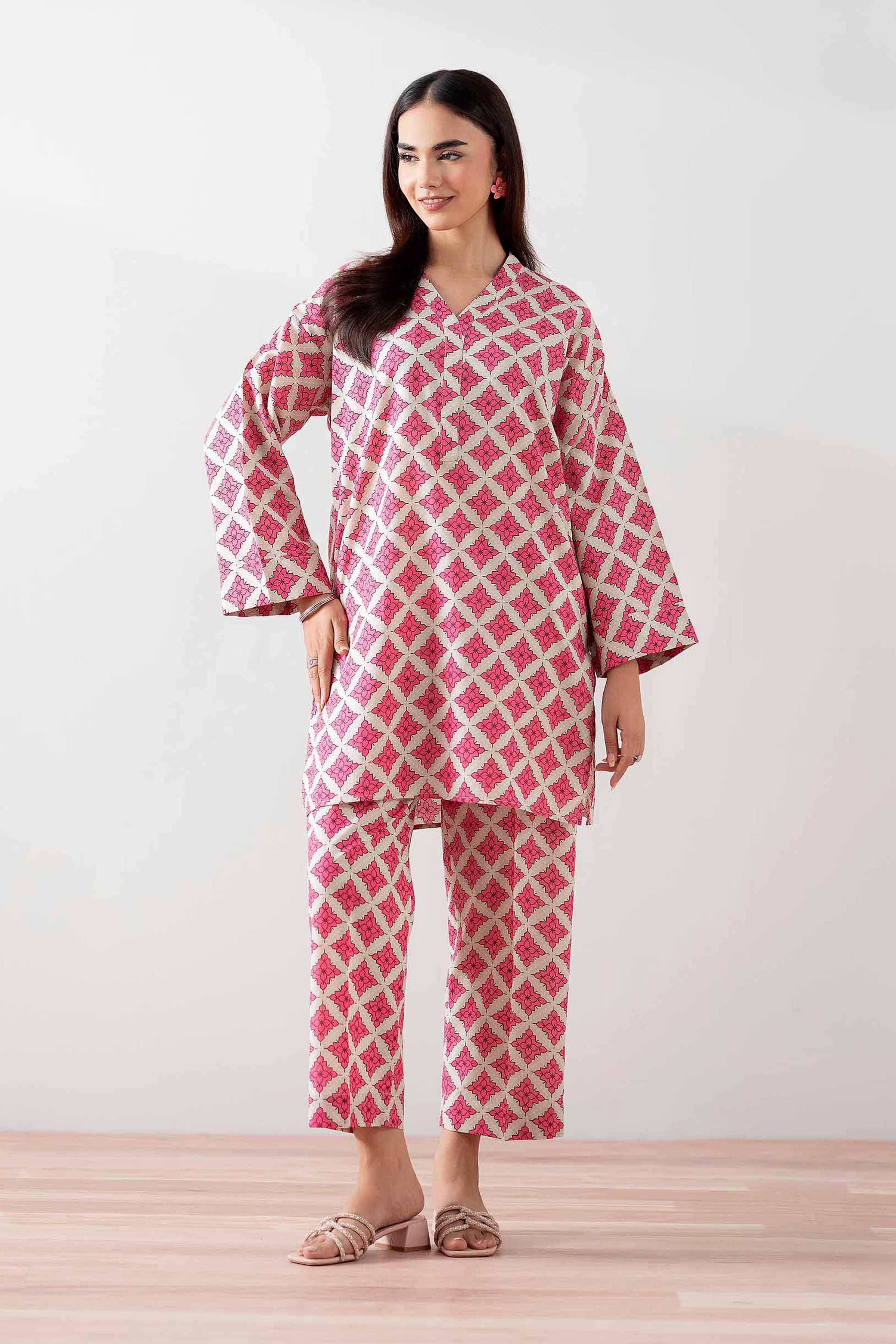 NishatUK - White & Pink Printed Cambric 2-piece ready to wear Dress