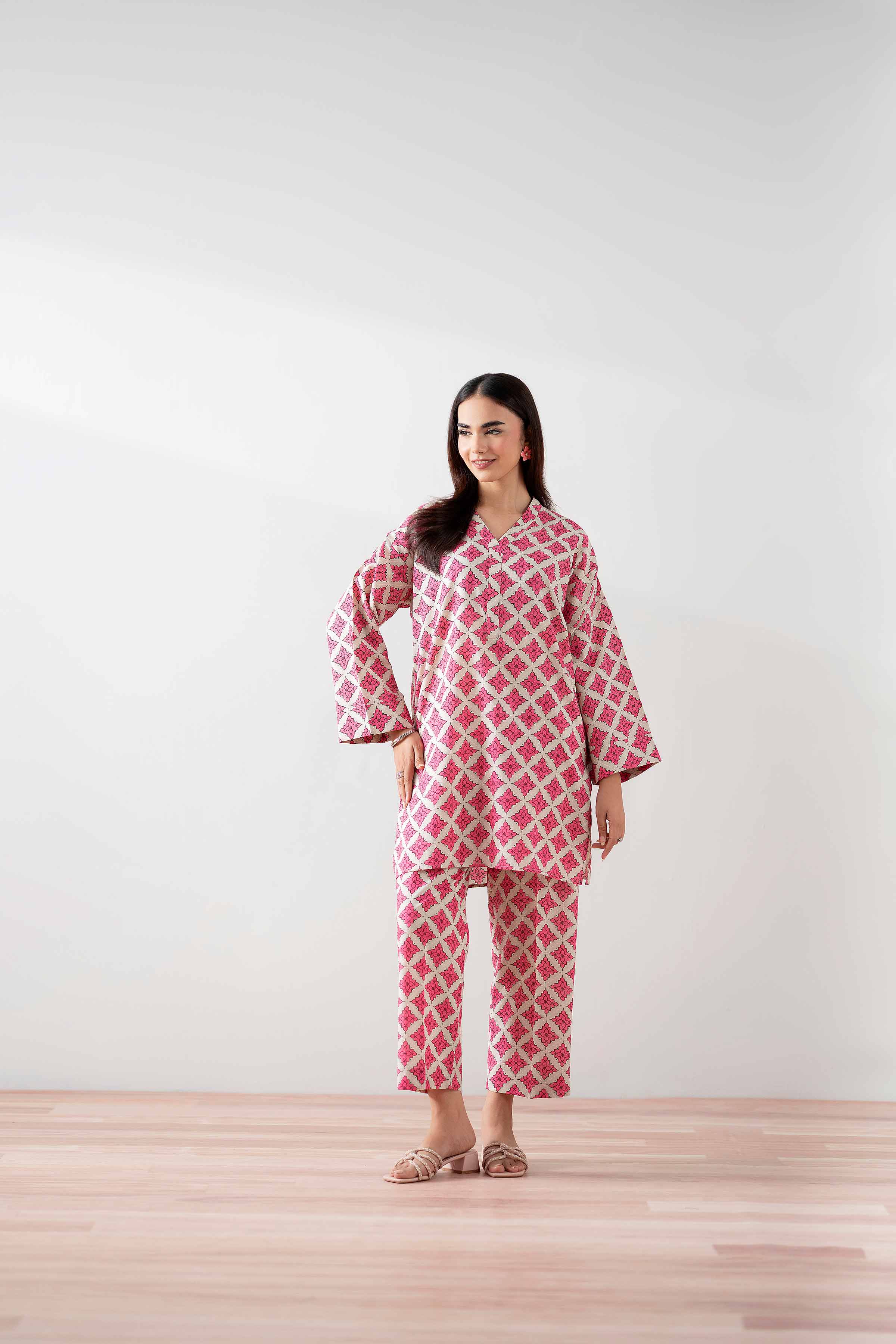 NishatUK - White & Pink Printed Cambric 2-piece ready to wear Dress