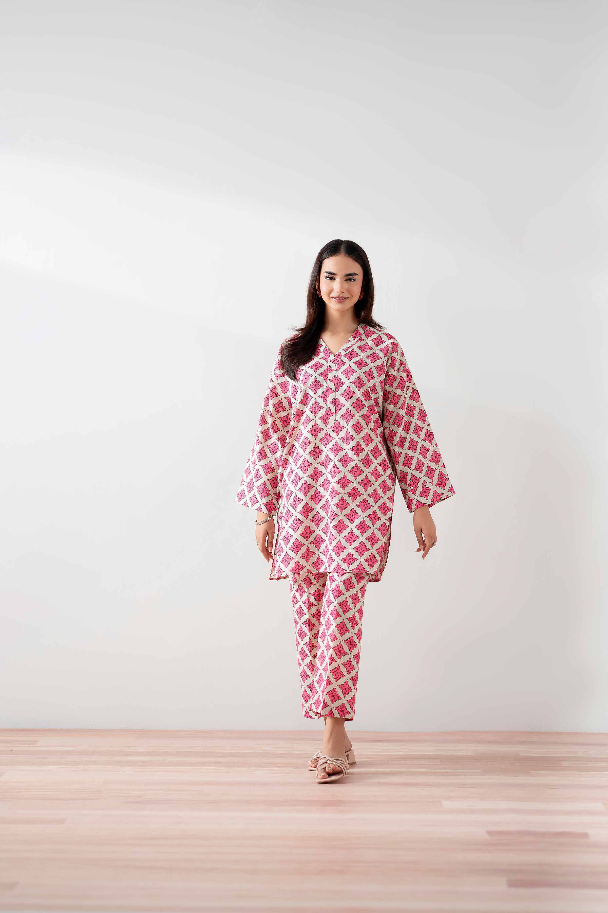 NishatUK - White & Pink Printed Cambric 2-piece ready to wear Dress